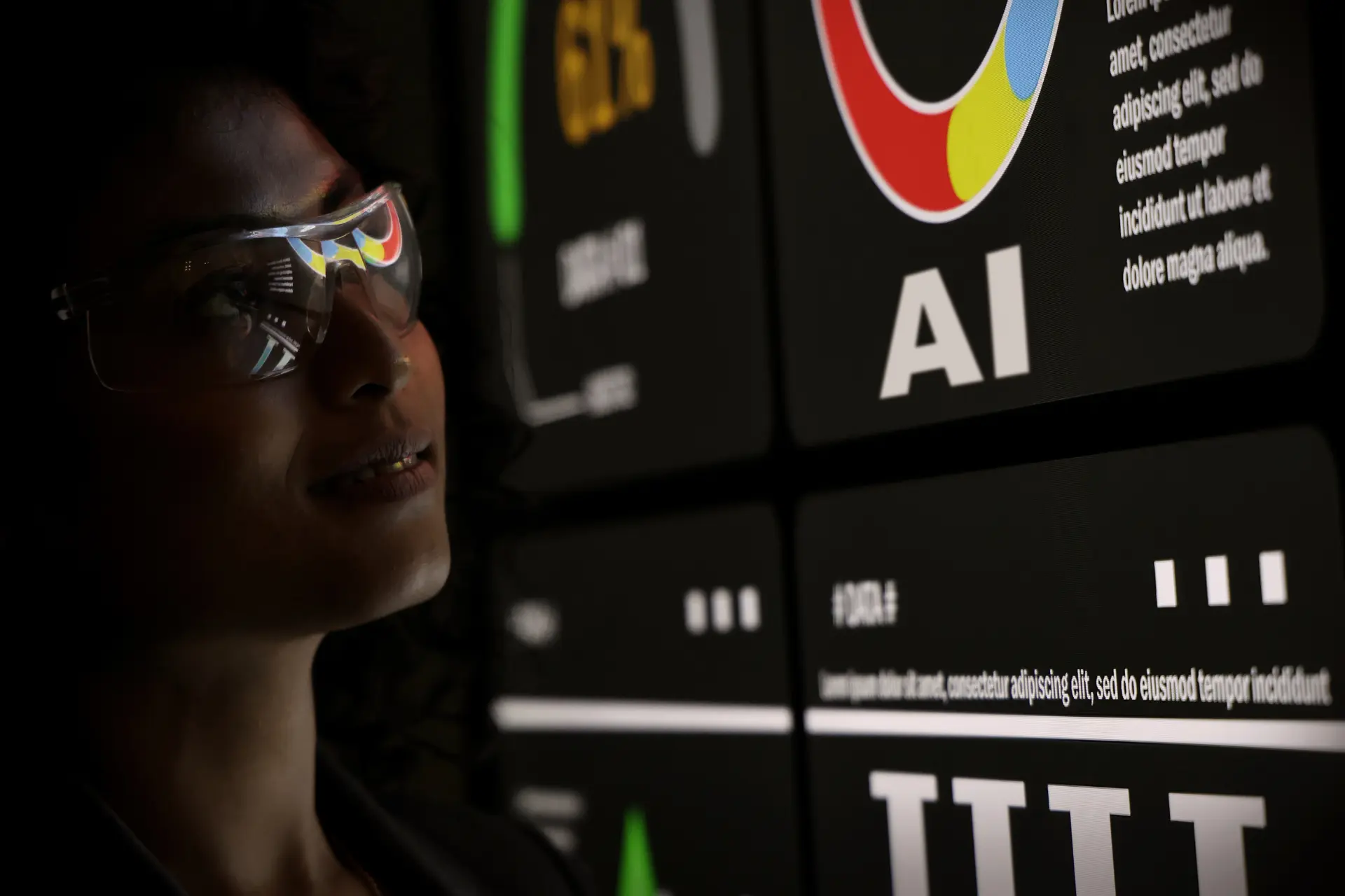 A person wearing glasses looks at a digital screen displaying the letters "AI" and colorful graphics. The scene conveys a futuristic and technological theme.
