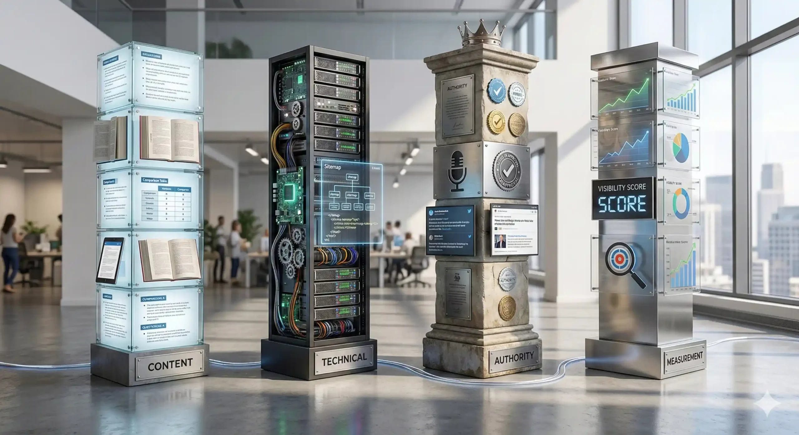 Four distinct pillars representing the content, technical, authority, and measurement frameworks for answer engine optimization.