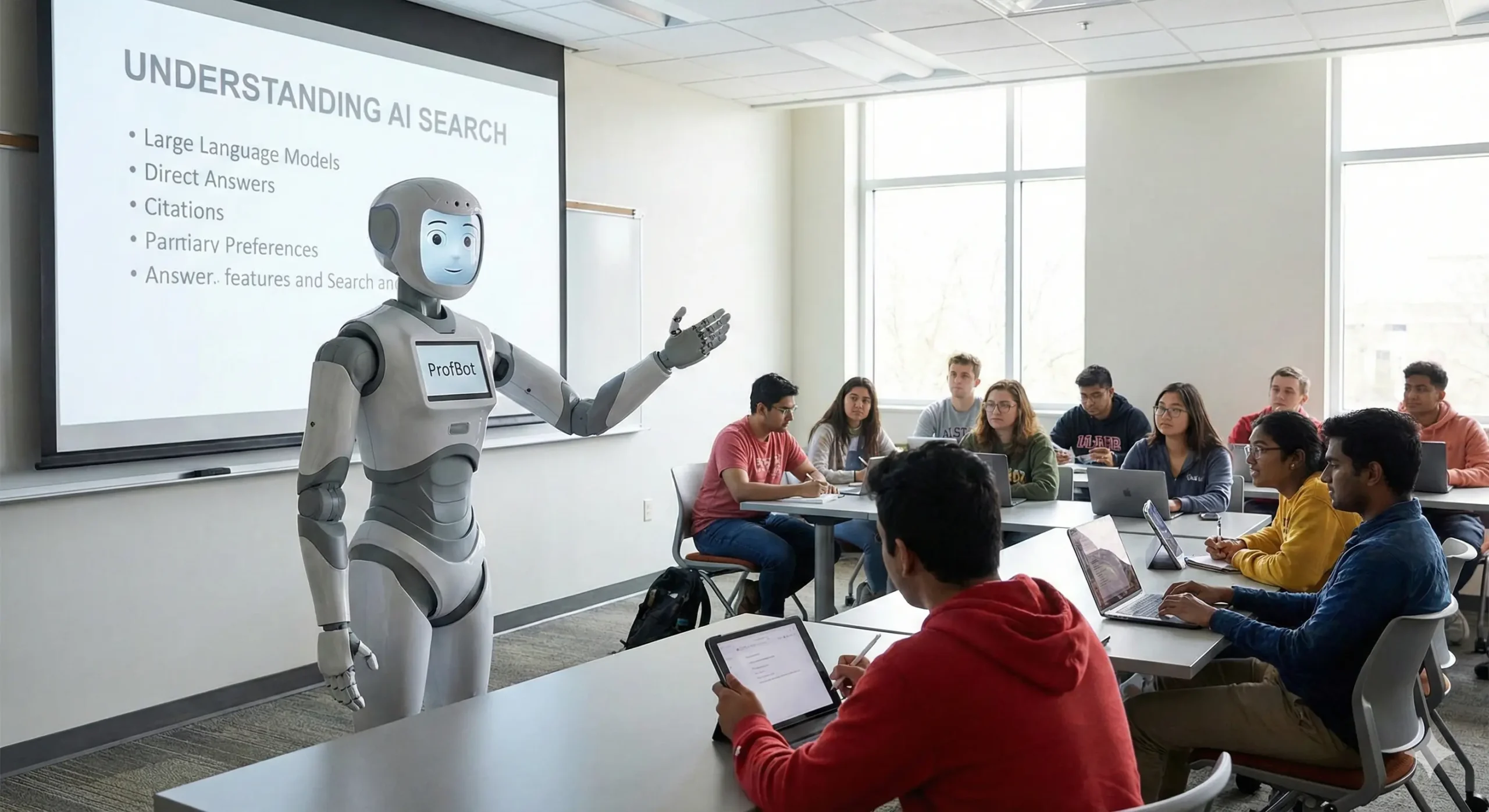 A humanoid robot lectures a classroom of diverse college students on AI search. The screen displays topics like language models and search features.