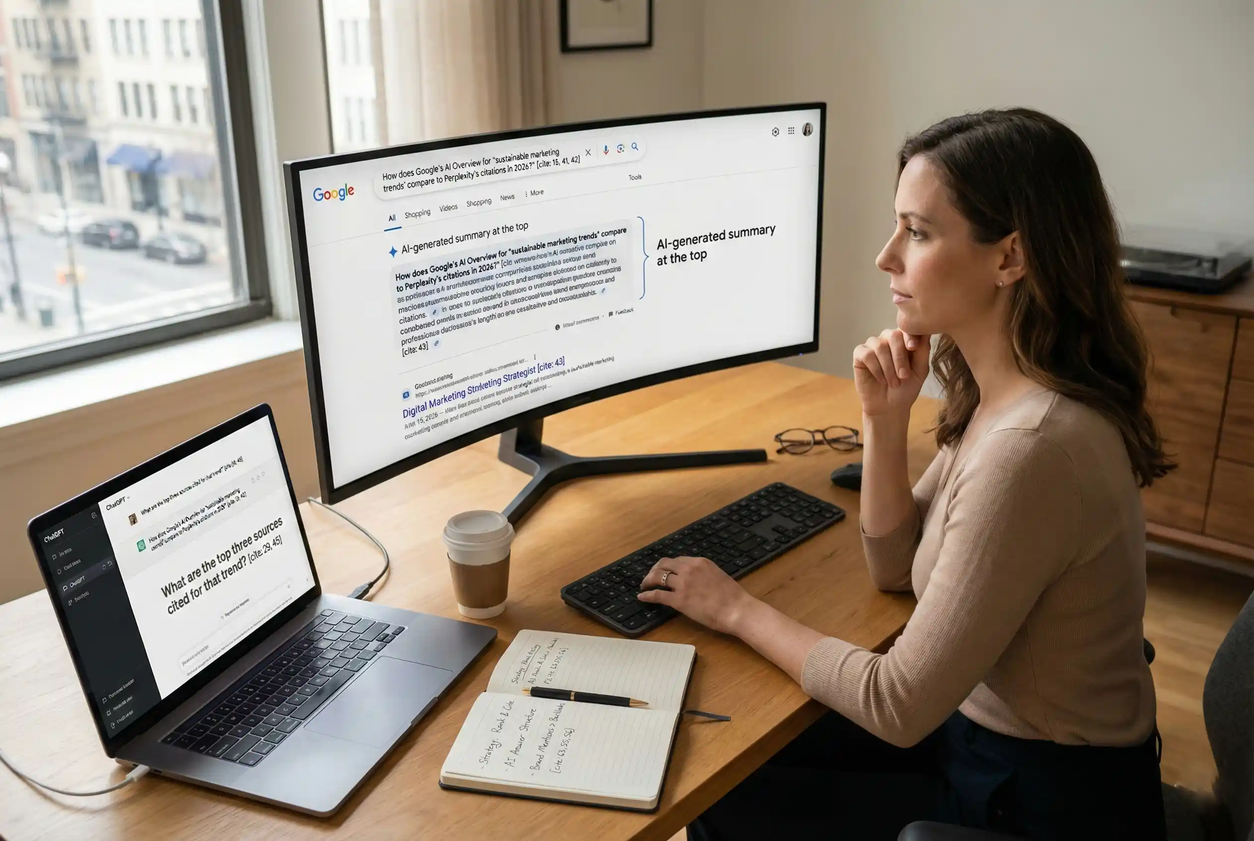 A woman is seated at a desk, focused on a large curved monitor displaying text and search results. A laptop, notebook, and coffee cup sit nearby, conveying a professional work environment.