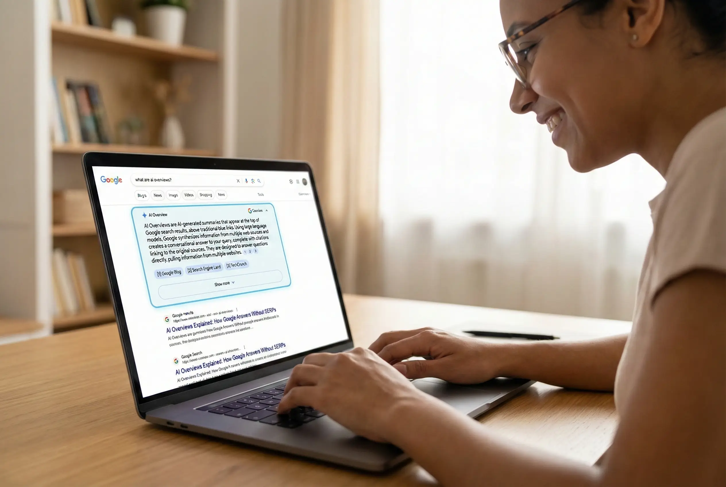 A woman smiles while looking at a Google search result screen on her laptop, which displays an AI Overview box explaining the feature.