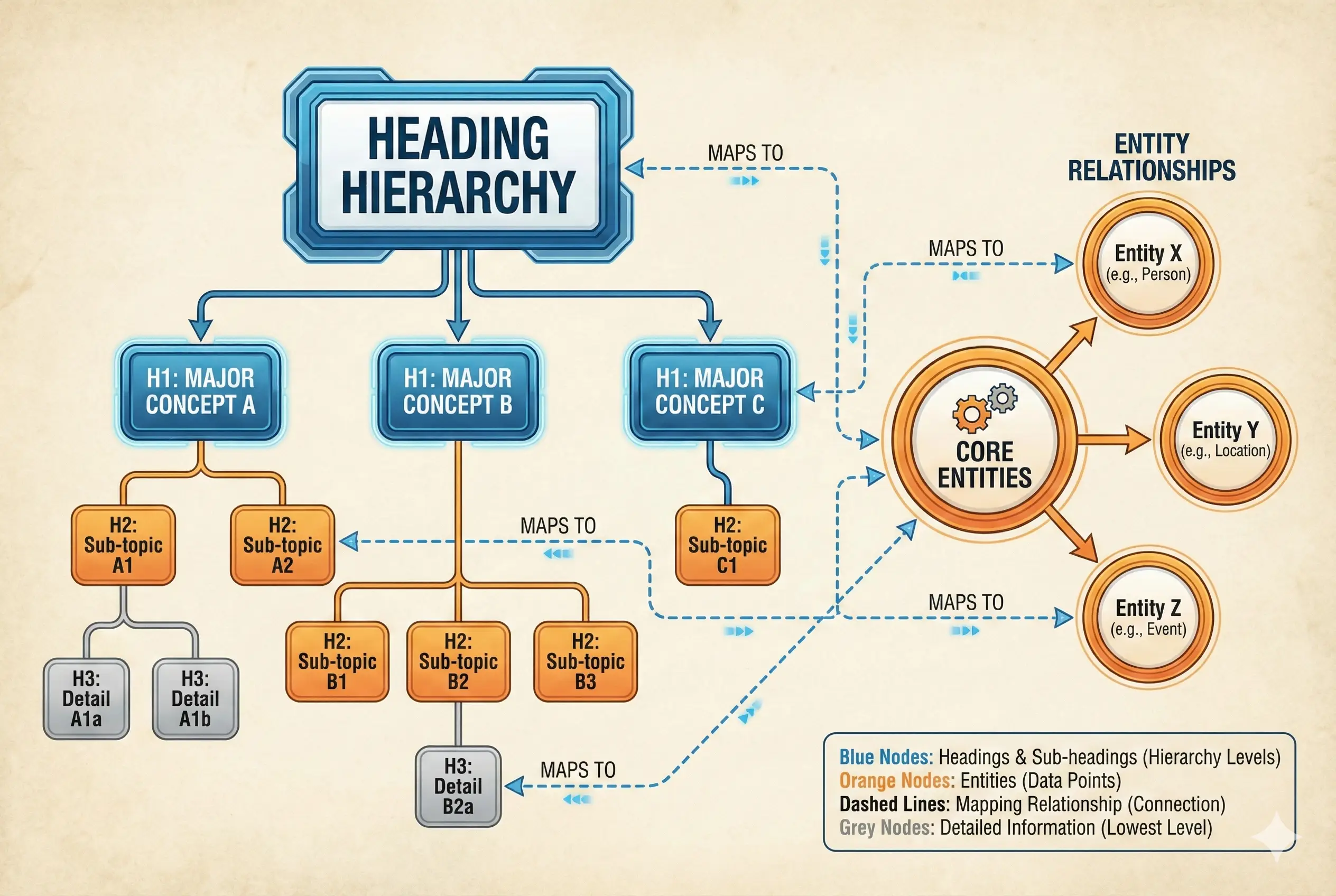 A flowchart diagram titled "Heading Hierarchy" demonstrating how to map H1, H2, and H3 tags to core entities and relationships to optimize content for AI search.