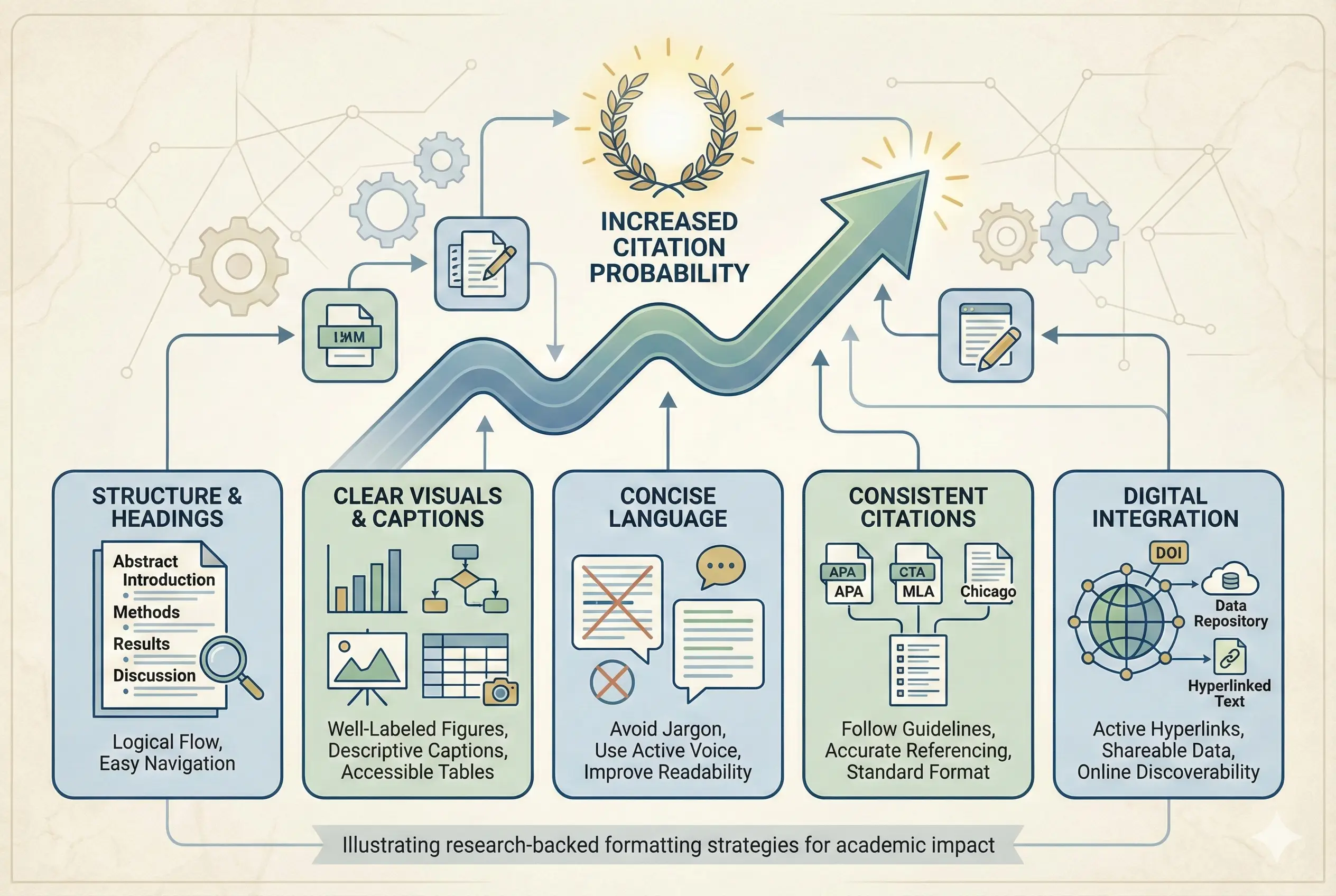 An infographic titled "Increased Citation Probability" displaying five formatting pillars—including structure, visuals, and digital integration—used to optimize content for AI search.