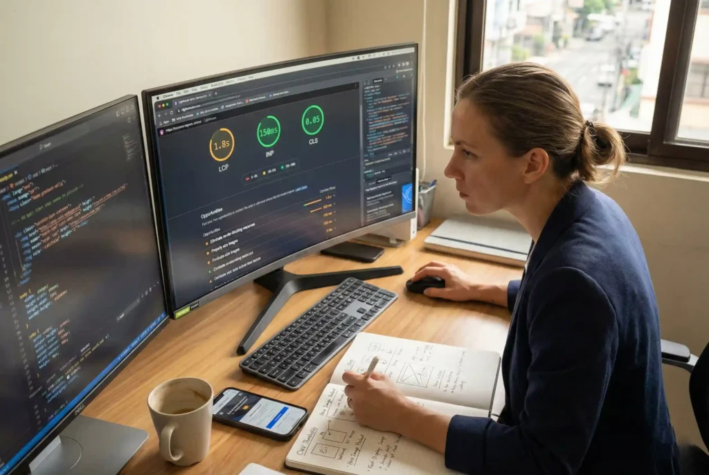 A professional focusing on mobile-first web design Philippines while auditing a website's Core Web Vitals on a dual-monitor setup, showing green LCP, INP, and CLS scores.