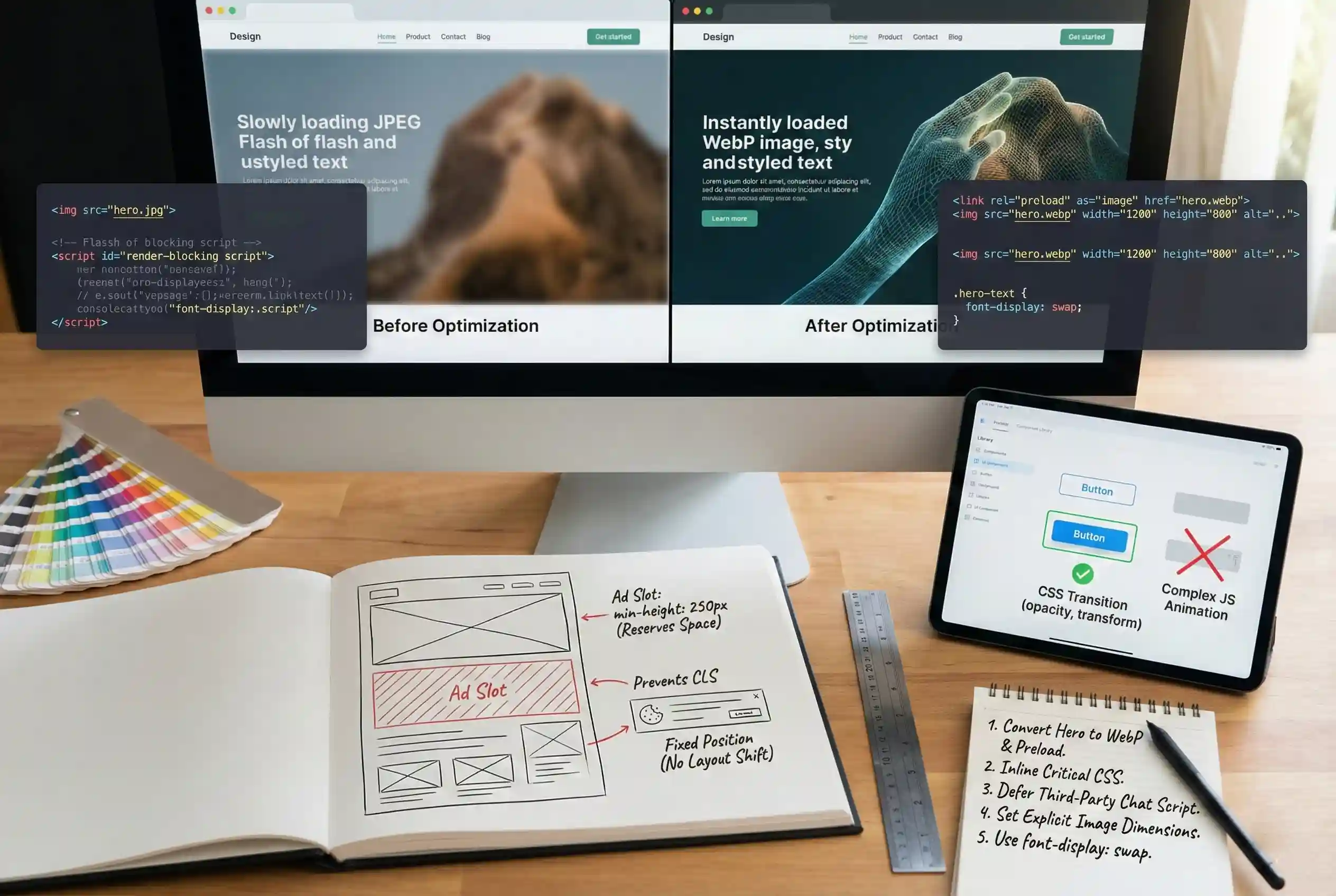 A workspace displaying mobile-first web design Philippines optimization techniques, featuring a side-by-side comparison of unoptimized versus optimized hero images and layout shift fixes in a notebook.