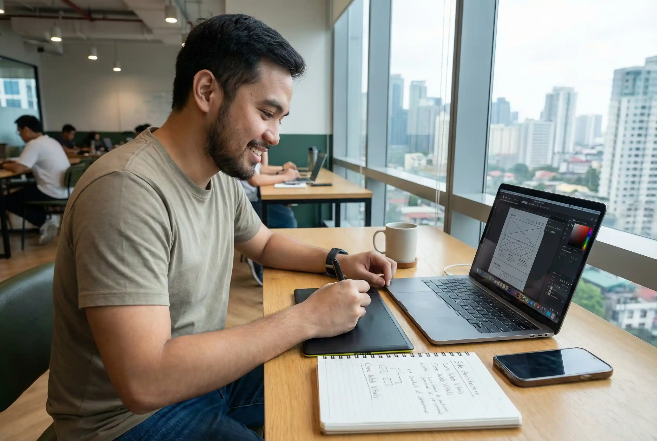 A male digital marketer in Manila using a tablet and laptop to implement SEO web design Philippines strategies, including site architecture and Core Web Vitals optimization.