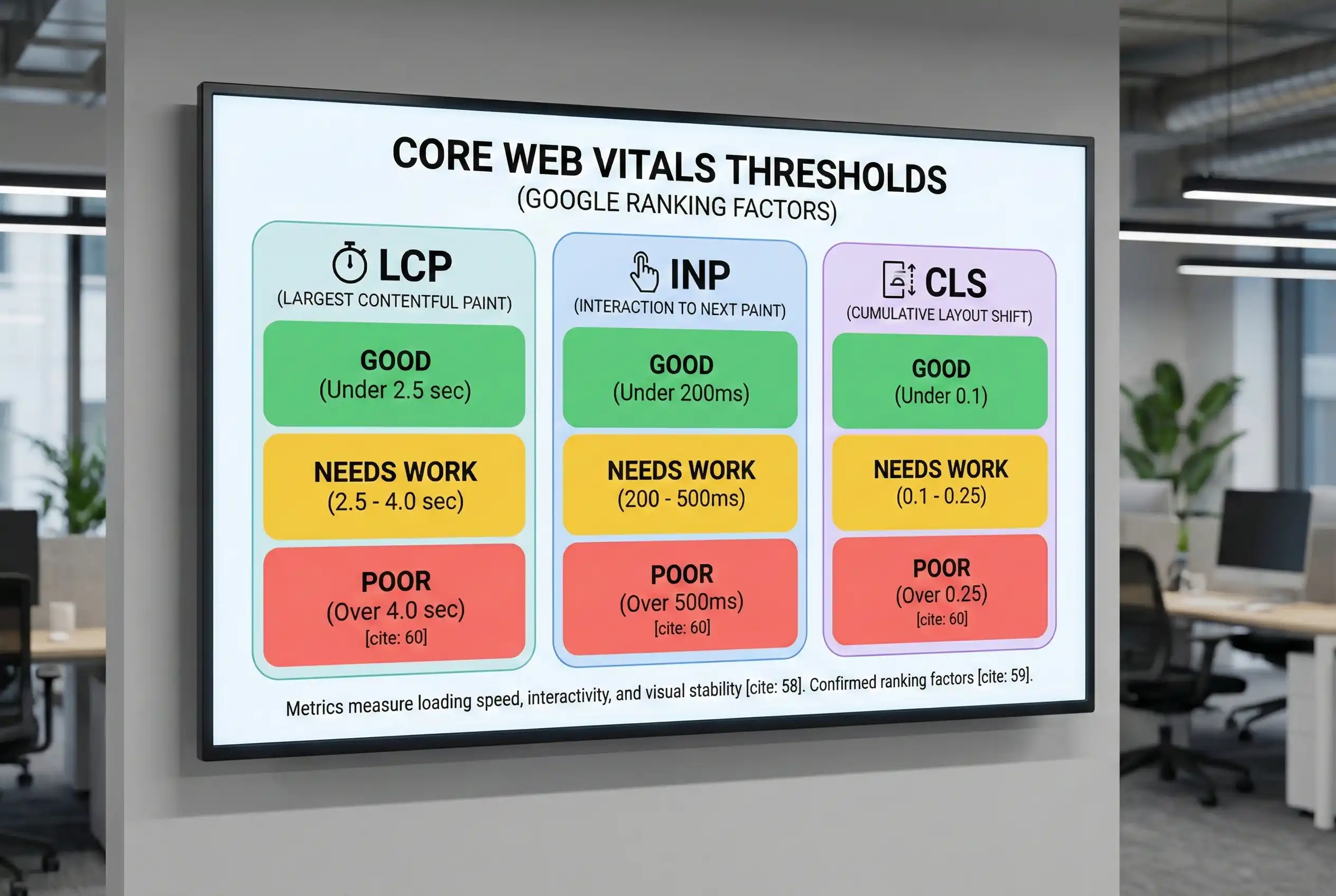 Educational chart about SEO web design Philippines performance standards, detailing the Good, Needs Work, and Poor thresholds for LCP, INP, and CLS.