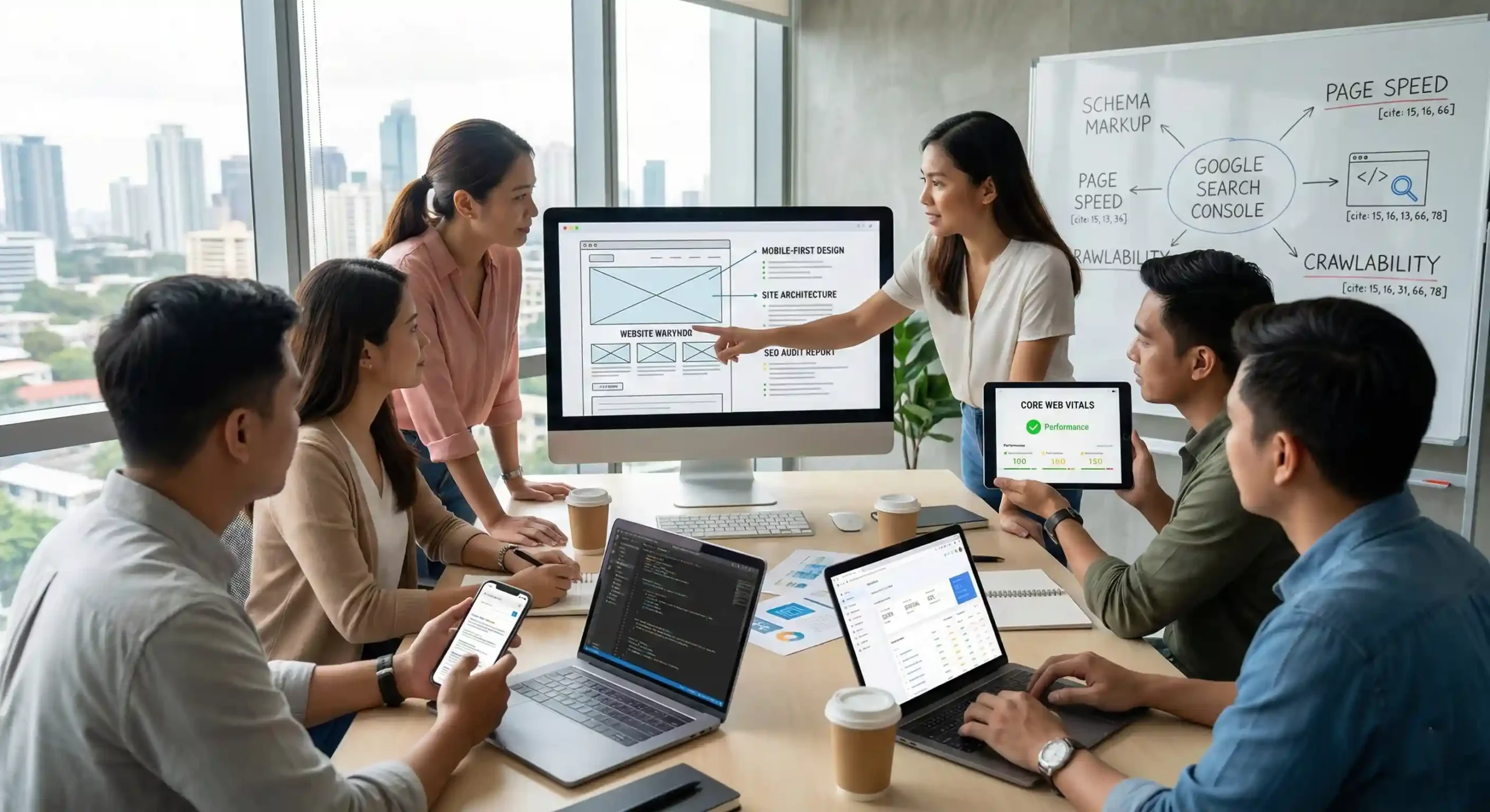 A Filipino marketing team collaborating on a high-level SEO web design Philippines project, discussing schema markup and crawlability around a conference table.