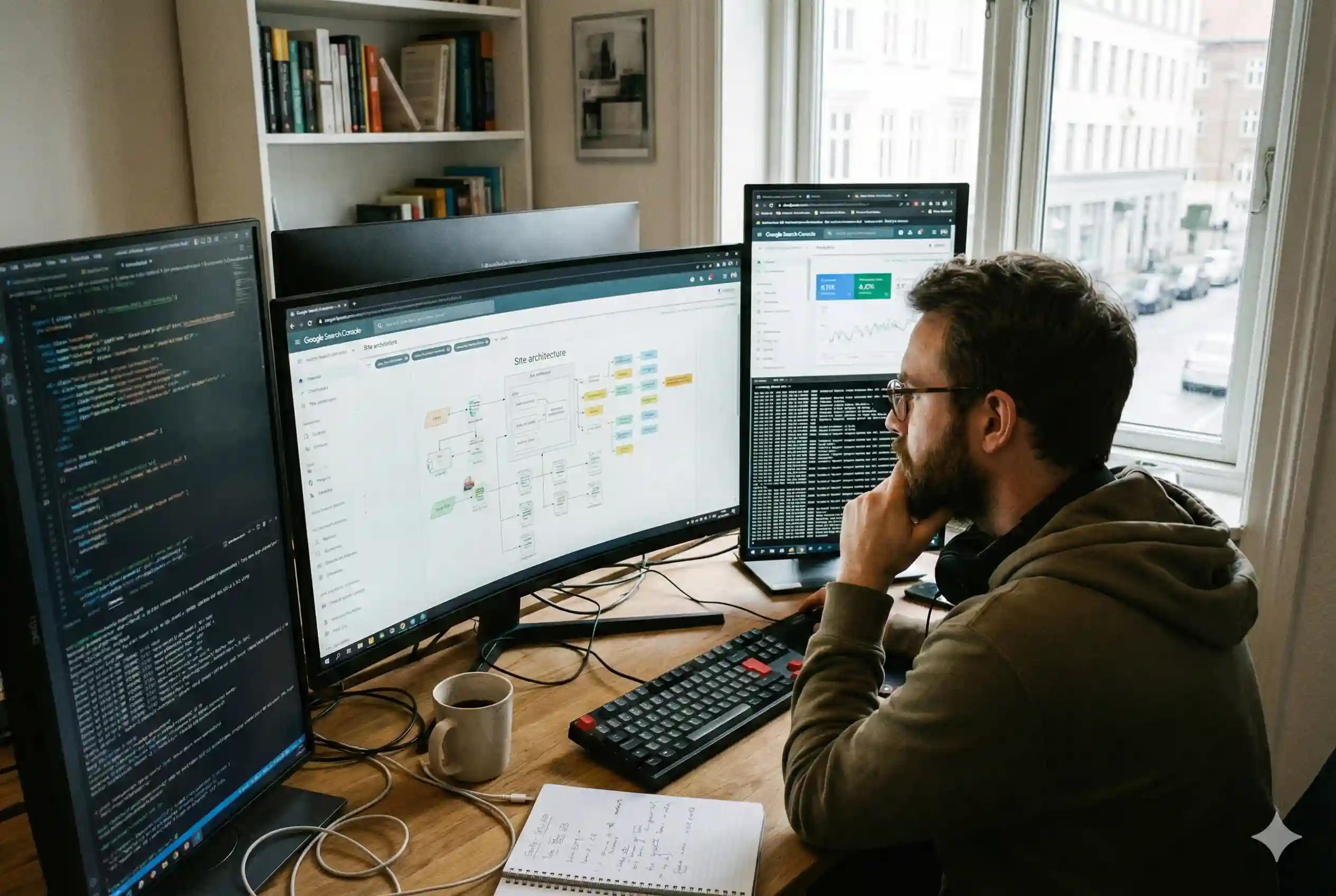 A technical SEO web design specialist working at a high-end workstation, analyzing site architecture diagrams and backend code across multiple monitors to ensure search engine crawlability.