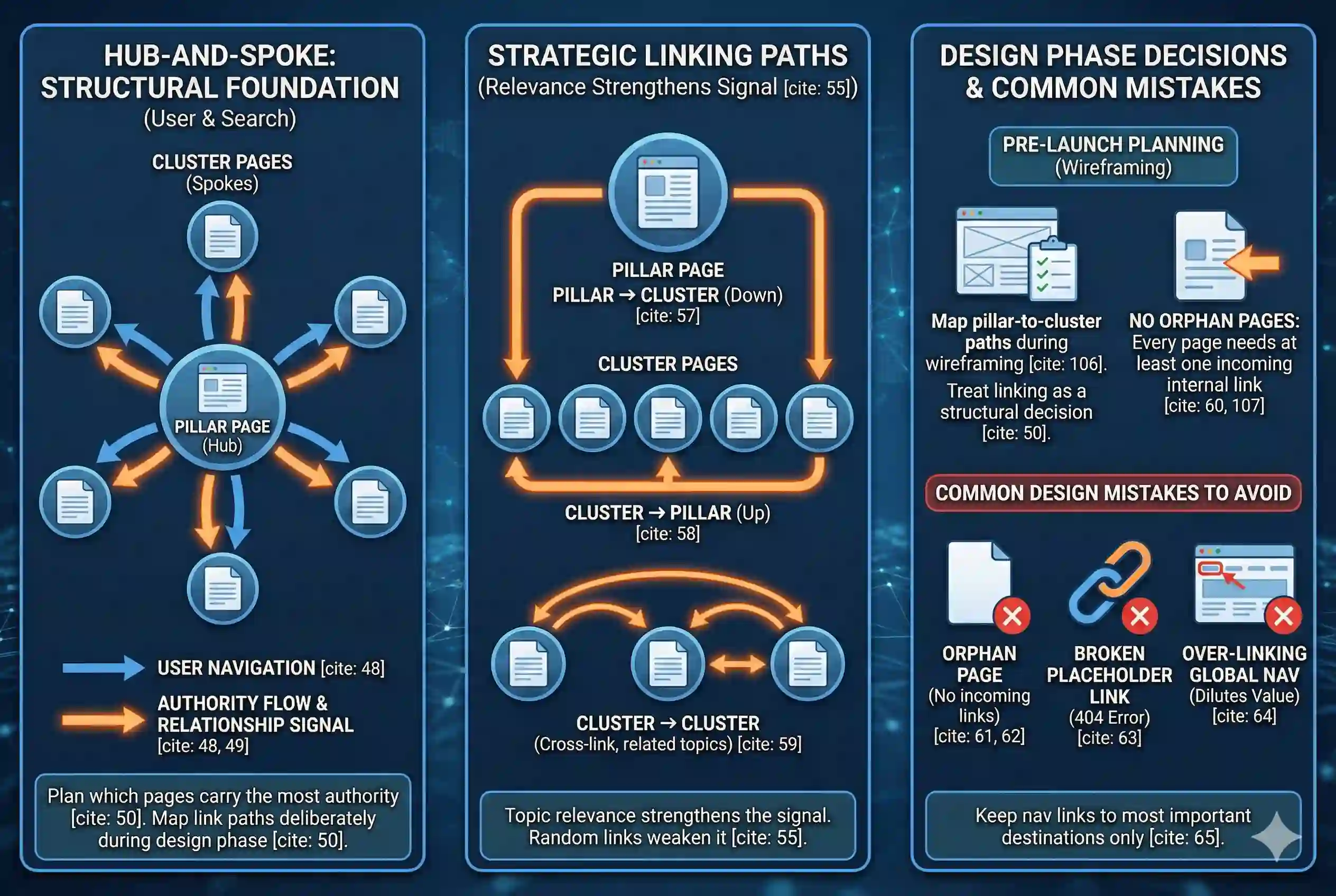 A detailed technical SEO web design infographic illustrating the hub-and-spoke internal linking model, highlighting how authority flows between pillar and cluster pages while avoiding orphan pages.