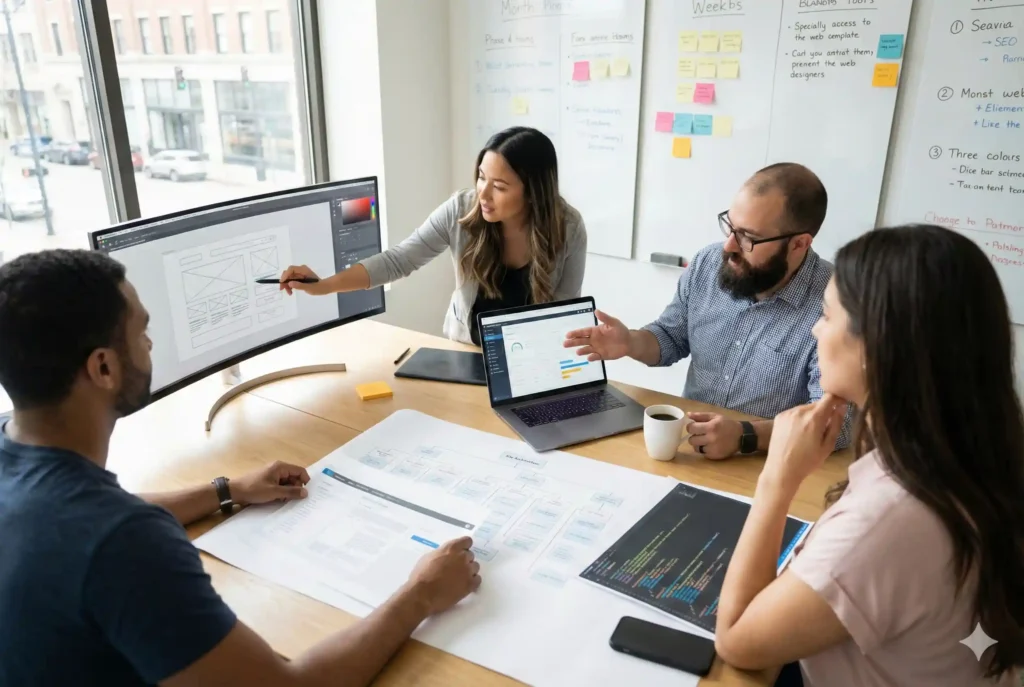 An office scene of a diverse team of specialists collaborating on technical SEO web design, reviewing site architecture blueprints and wireframes to optimize a new website
