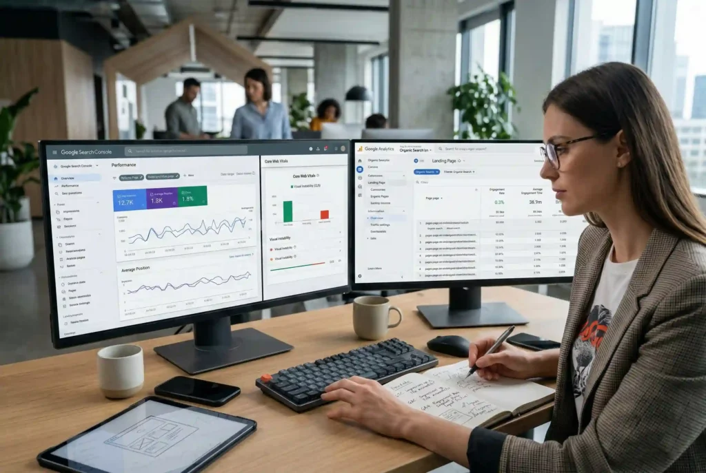 A professional woman in an office setting conducting a google search console web design audit by analyzing SEO performance graphs on one monitor and GA4 engagement metrics on another.