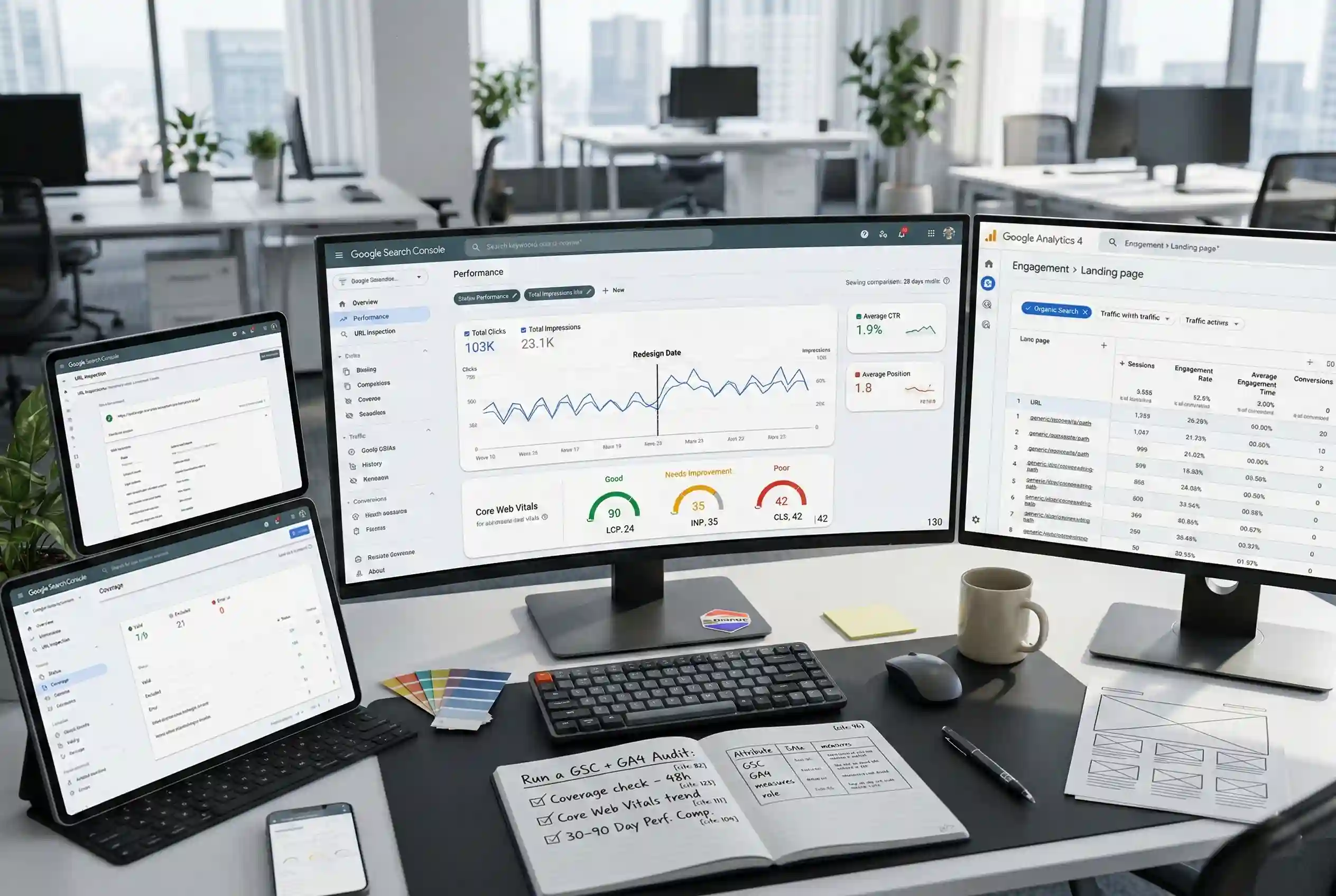 A high-tech workstation featuring a google search console web design audit across multiple screens, displaying Core Web Vitals, site coverage reports, and a physical checklist for a 90-day performance comparison.