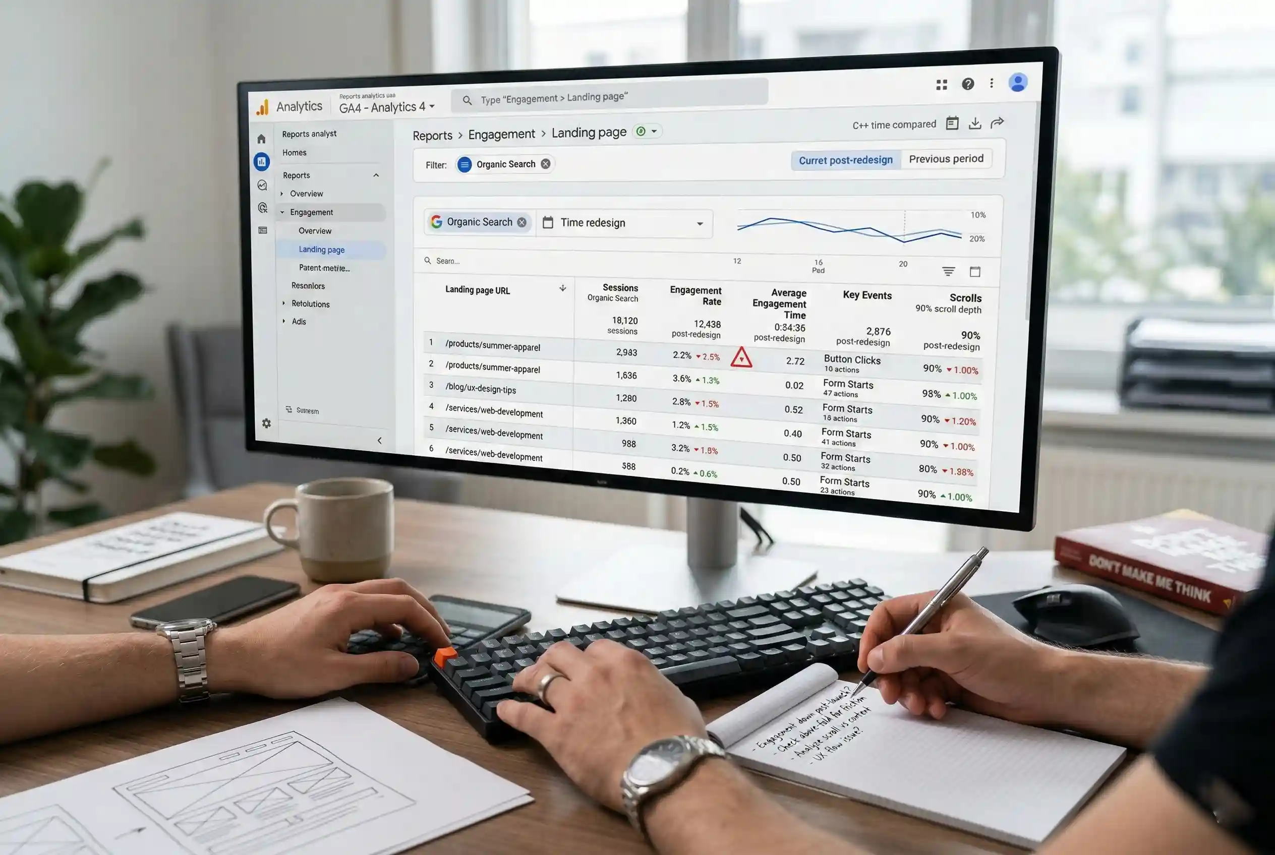A close-up view of a designer's desk where they are performing a google search console web design audit by cross-referencing landing page engagement rates and scroll depth data on a large widescreen monitor.