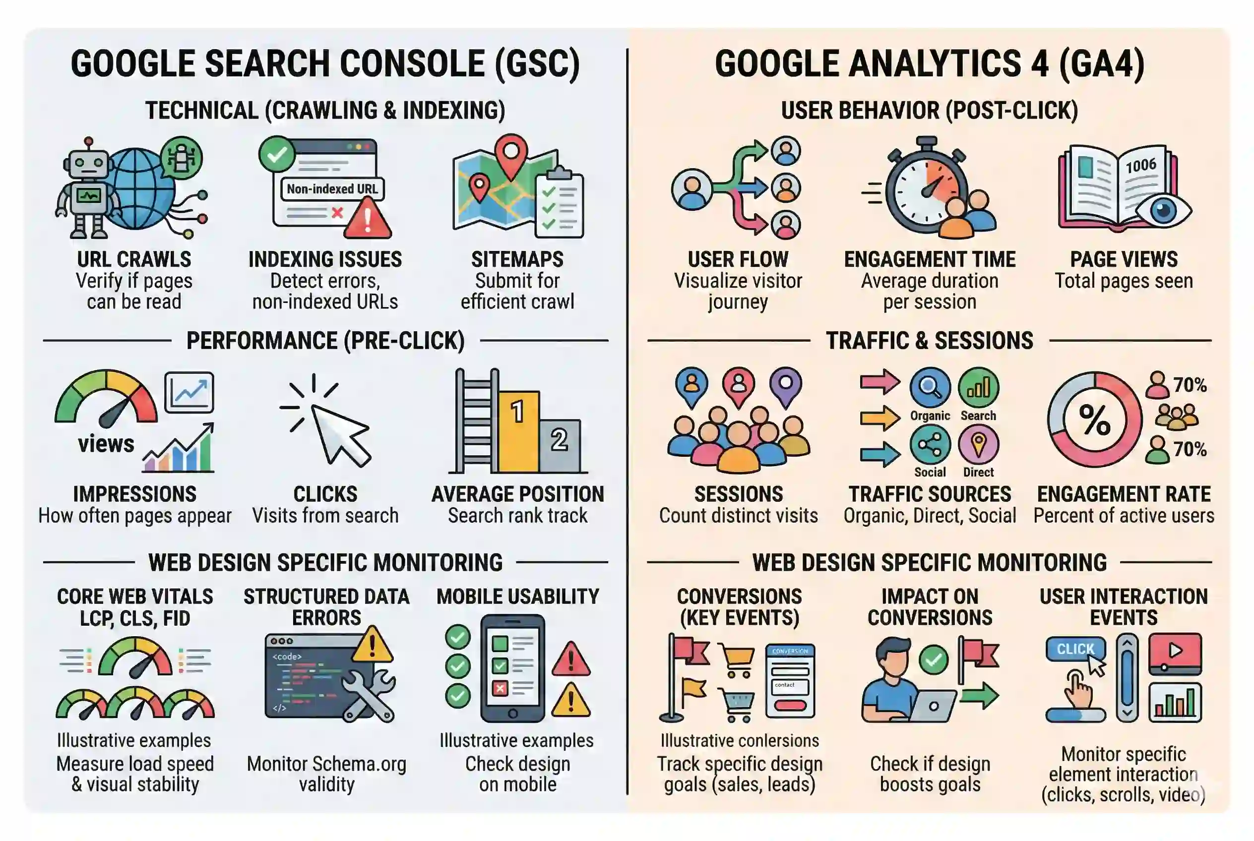 A clean, two-column infographic illustrating the technical components of a google search console web design audit, such as URL crawls and indexing, compared against GA4 user behavior metrics like engagement time.