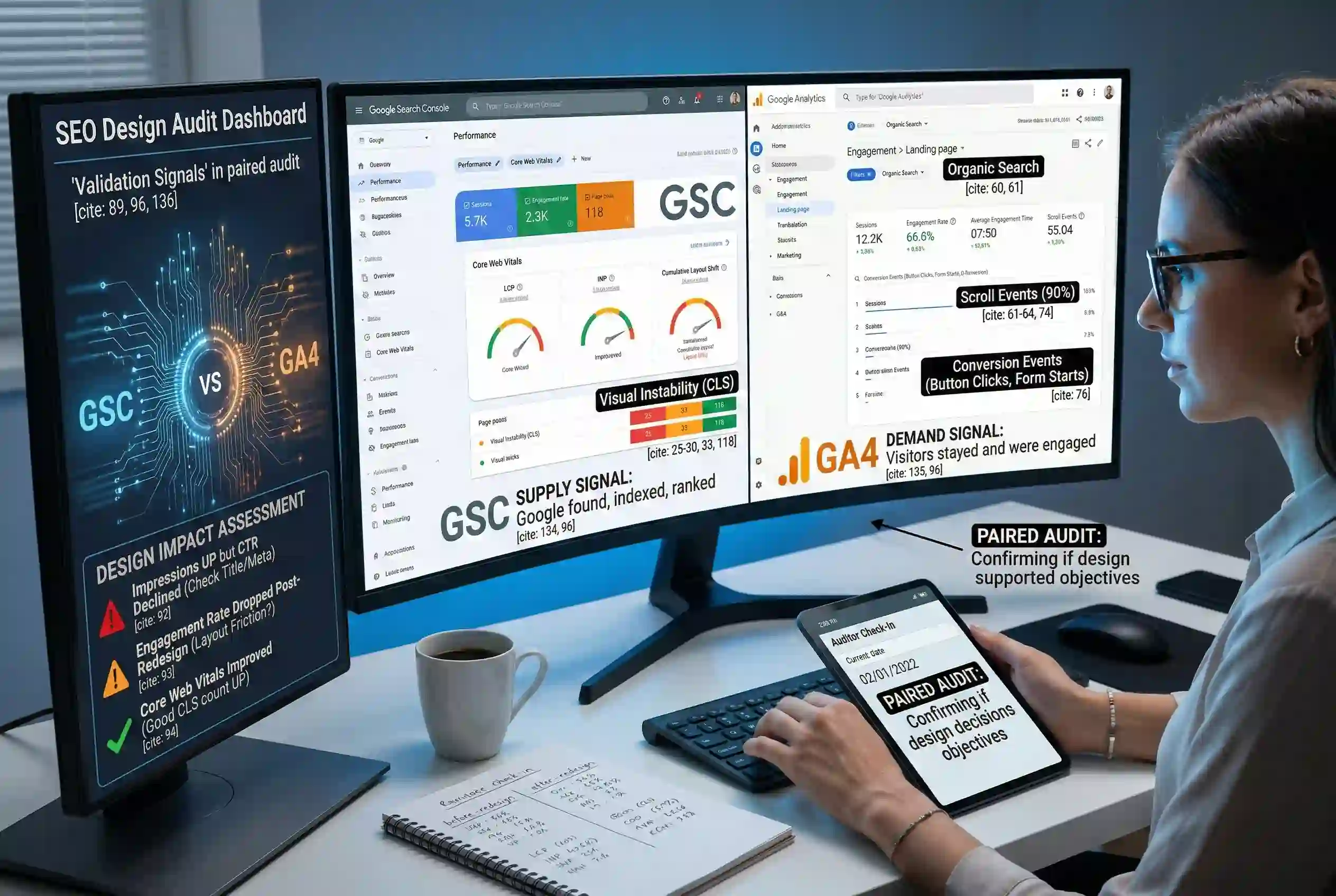 A side-by-side dashboard view used for a google search console web design audit, highlighting visual instability (CLS) scores in GSC and demand signals like organic search sessions in GA4.