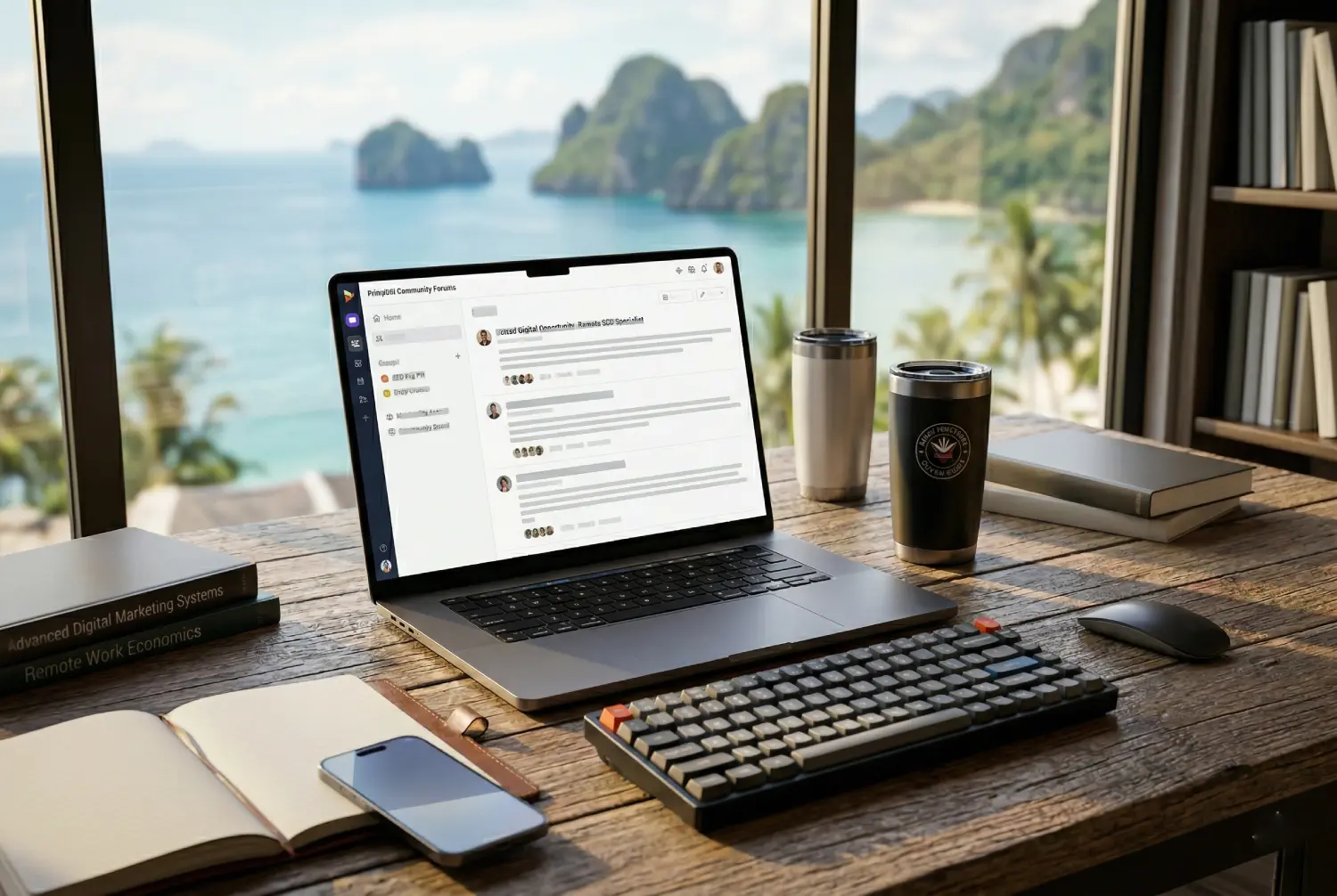 A location-independent workspace featuring a laptop showing a digital marketing community philippines forum against a tropical beach backdrop.