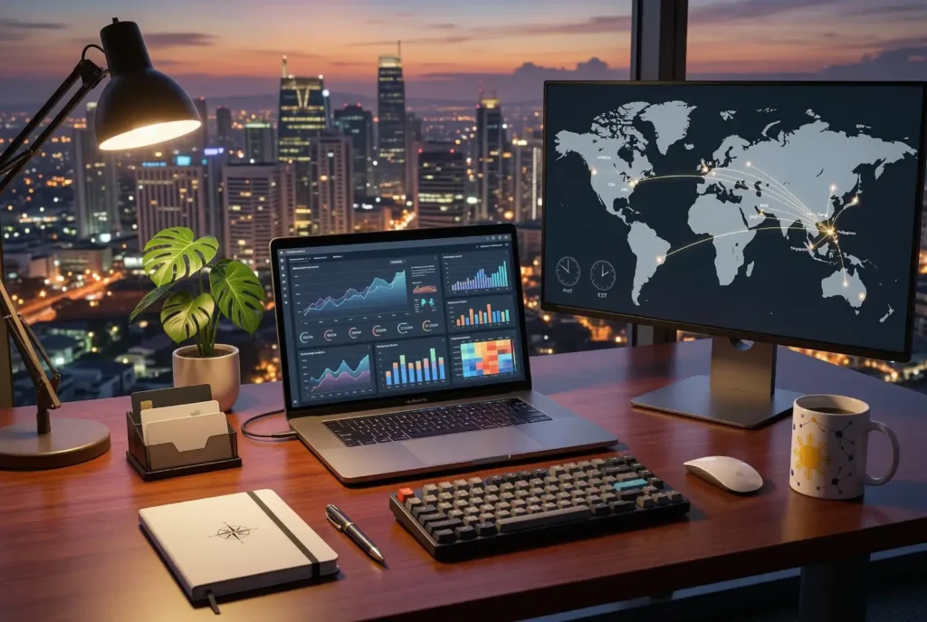 A high-tech home office setup in the Philippines featuring a laptop and monitor displaying global analytics and connection maps, illustrating how to get international digital marketing clients Philippines.
