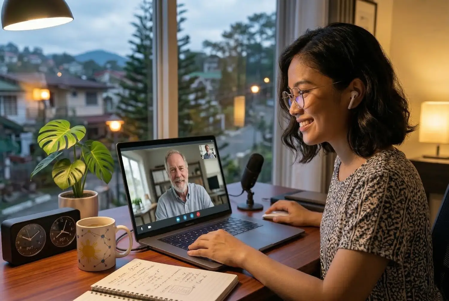 A young female freelancer in a home office smiling during a video consultation with a Western client, demonstrating a successful approach to get international digital marketing clients Philippines.