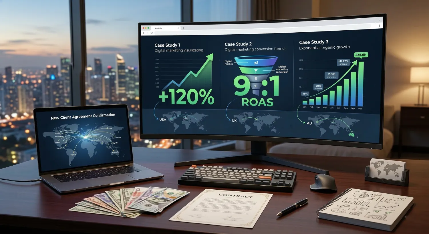 A professional workspace displaying high-performance marketing case studies and a signed contract, showcasing the results of a strategy to get international digital marketing clients Philippines.