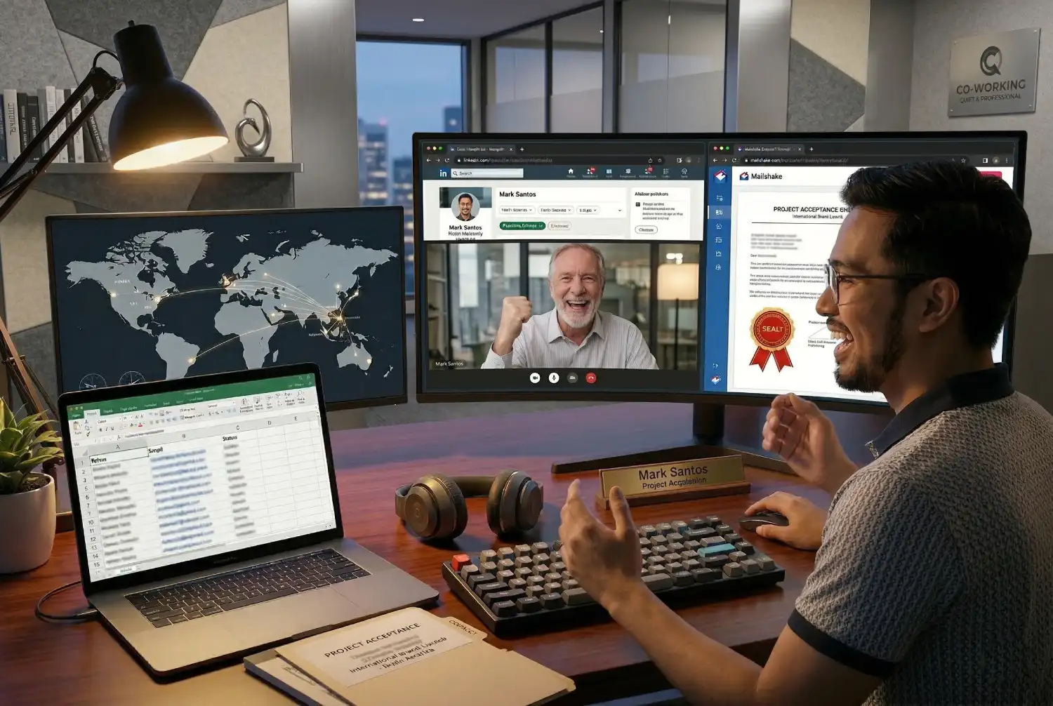 A male Filipino digital marketer celebrating a project win during a video call with a client in a modern co-working space, highlighting how to get international digital marketing clients Philippines.