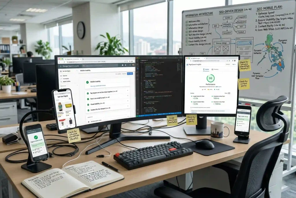 A modern workspace featuring dual monitors displaying Google Search Console and PageSpeed Insights, alongside multiple smartphones on stands and a whiteboard with a "SEO Mobile Plan," illustrating the technical workflow of mobile-first web design Philippines.