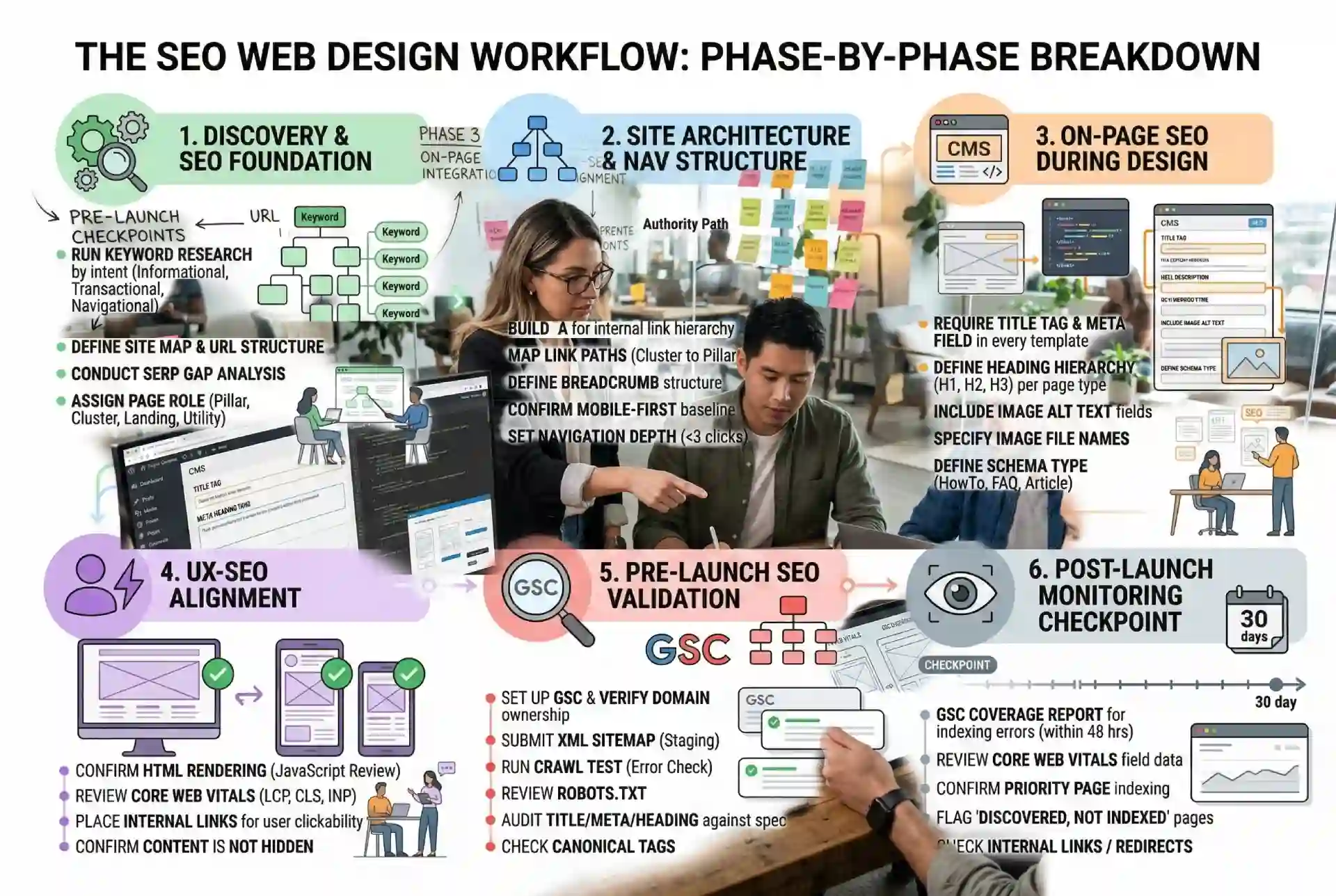 A visual breakdown combining a team meeting and an infographic detailing the six phases of an SEO web design workflow.