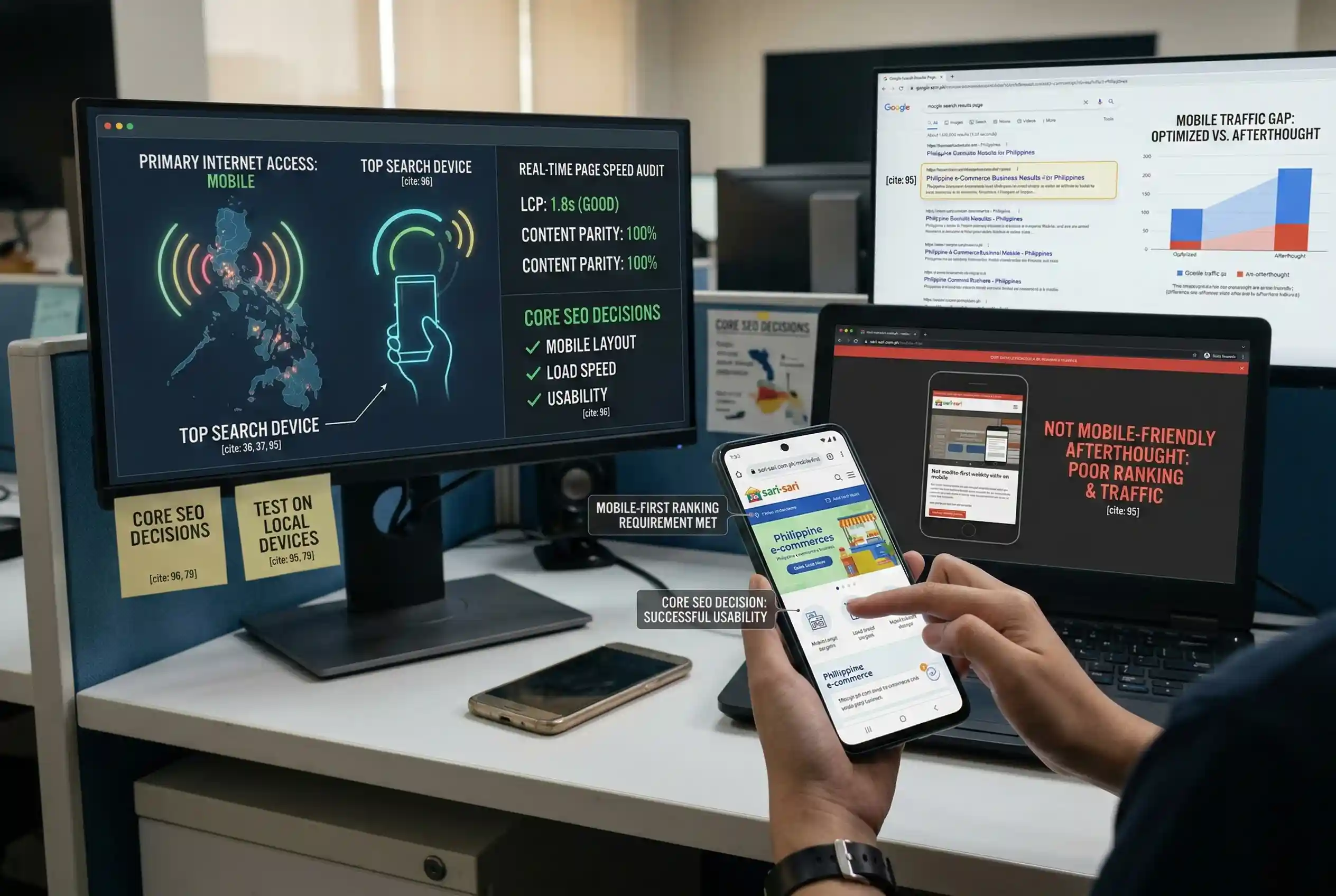 A professional office setup with a large monitor showing data on Philippine search devices and a laptop comparing traffic gaps, while a designer tests a localized e-commerce site on a smartphone to ensure mobile-first web design Philippines.