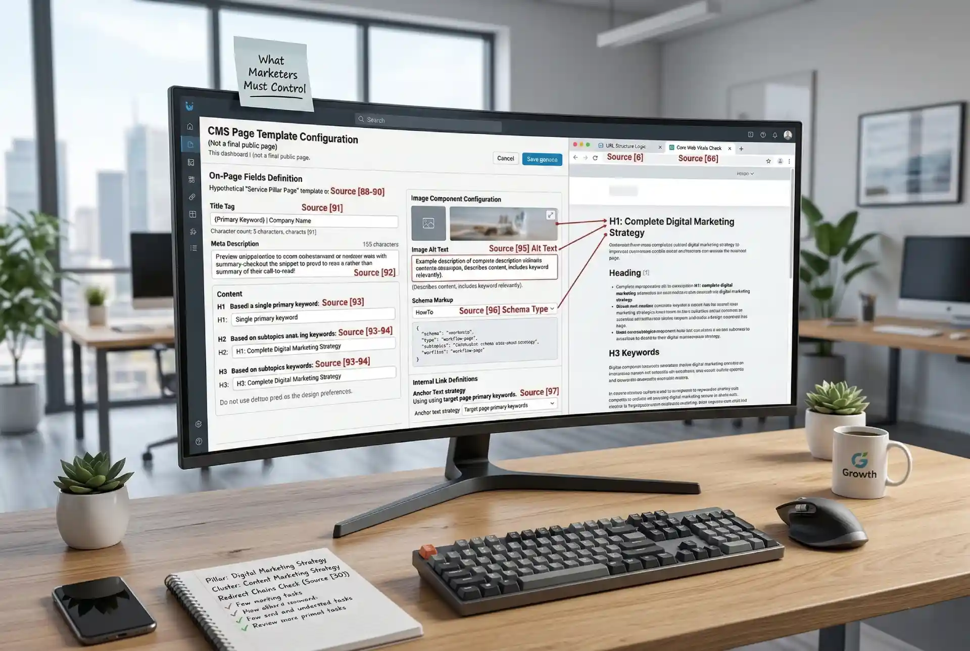 A computer monitor displaying CMS template configurations that marketers must control in an SEO web design workflow.