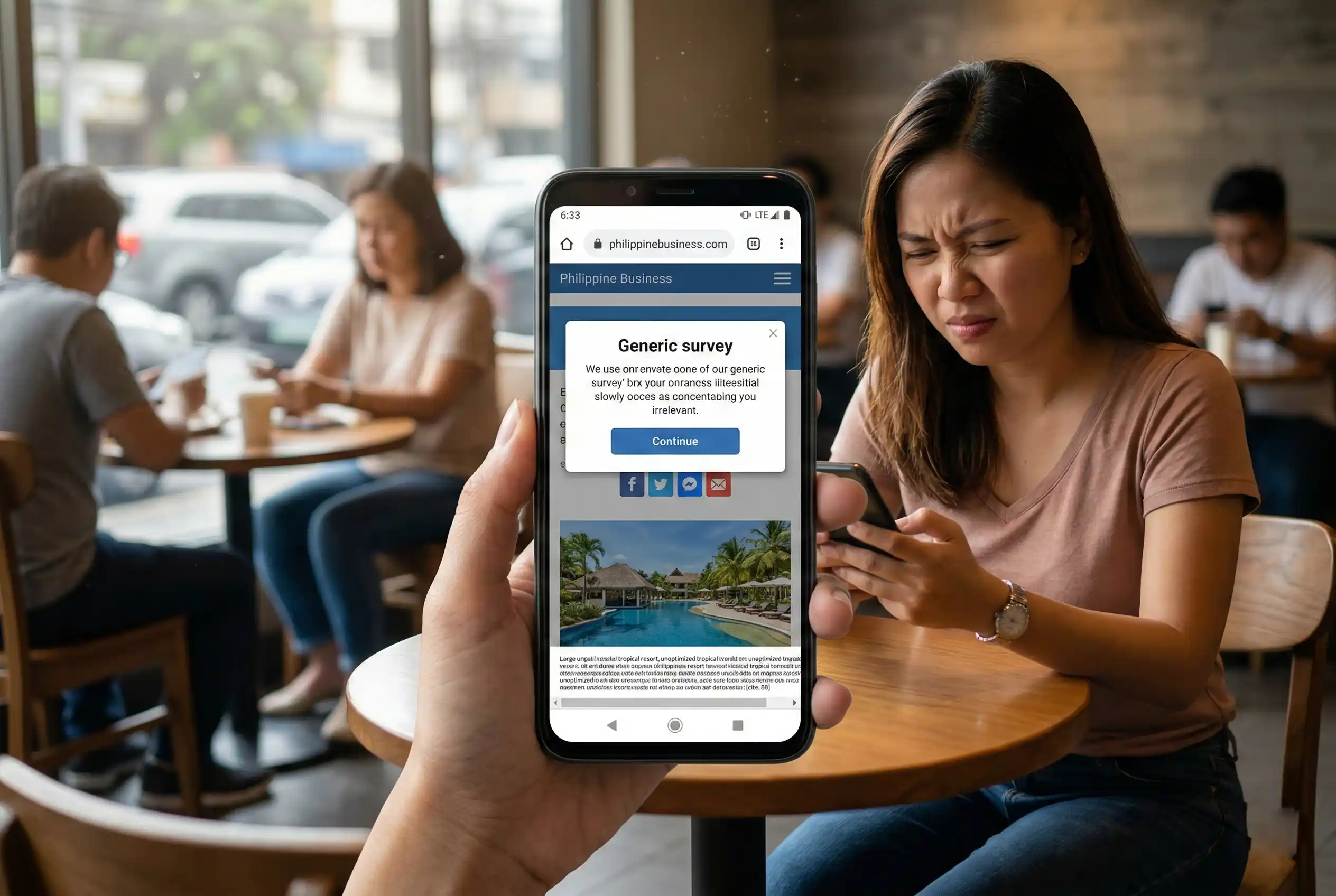 A user in a busy Philippine cafe looking frustrated at a smartphone screen blocked by a large "Generic survey" pop-up, demonstrating common mistakes avoided in effective mobile-first web design Philippines.