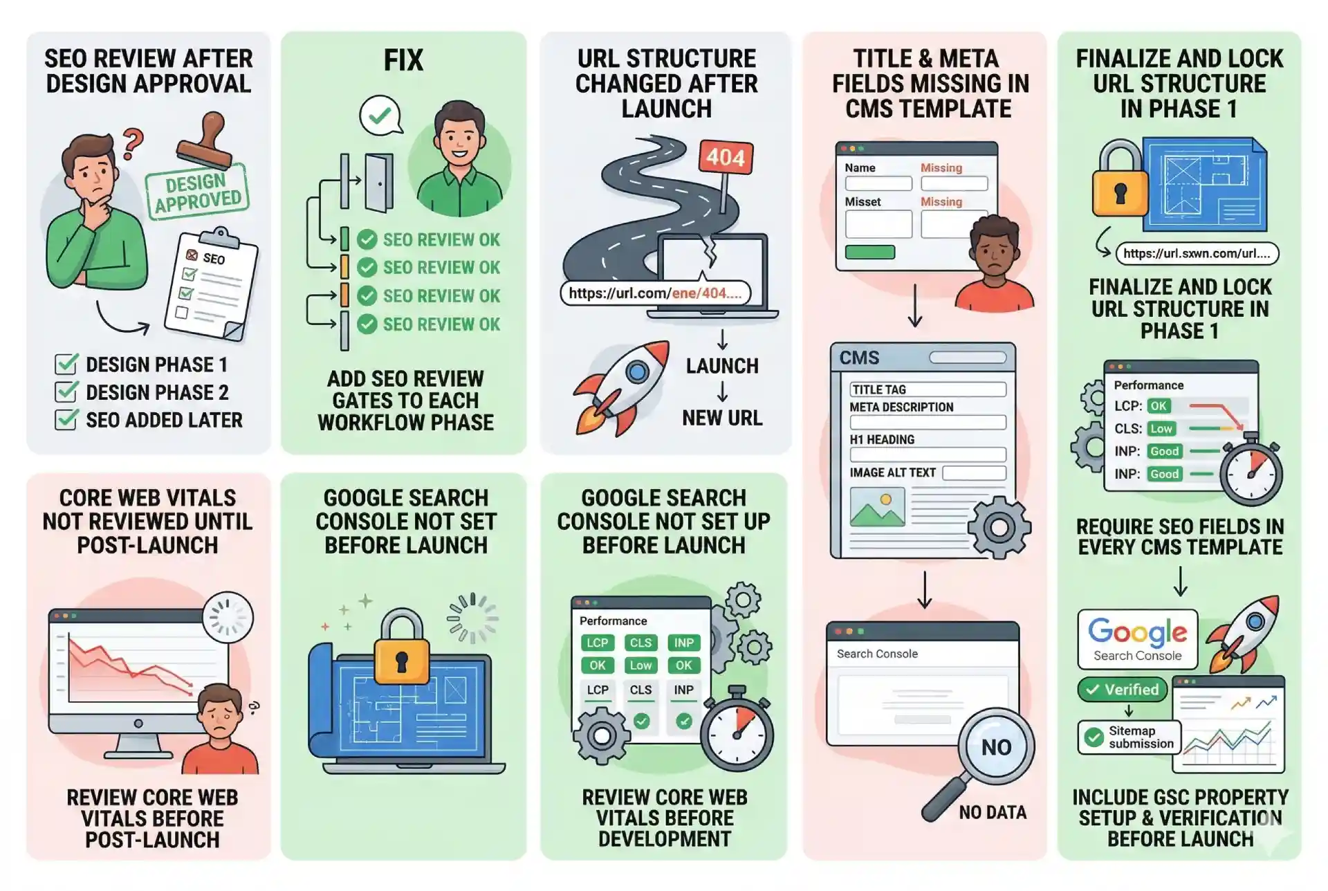 An infographic highlighting common problem-solution scenarios and fixes for an SEO web design workflow.