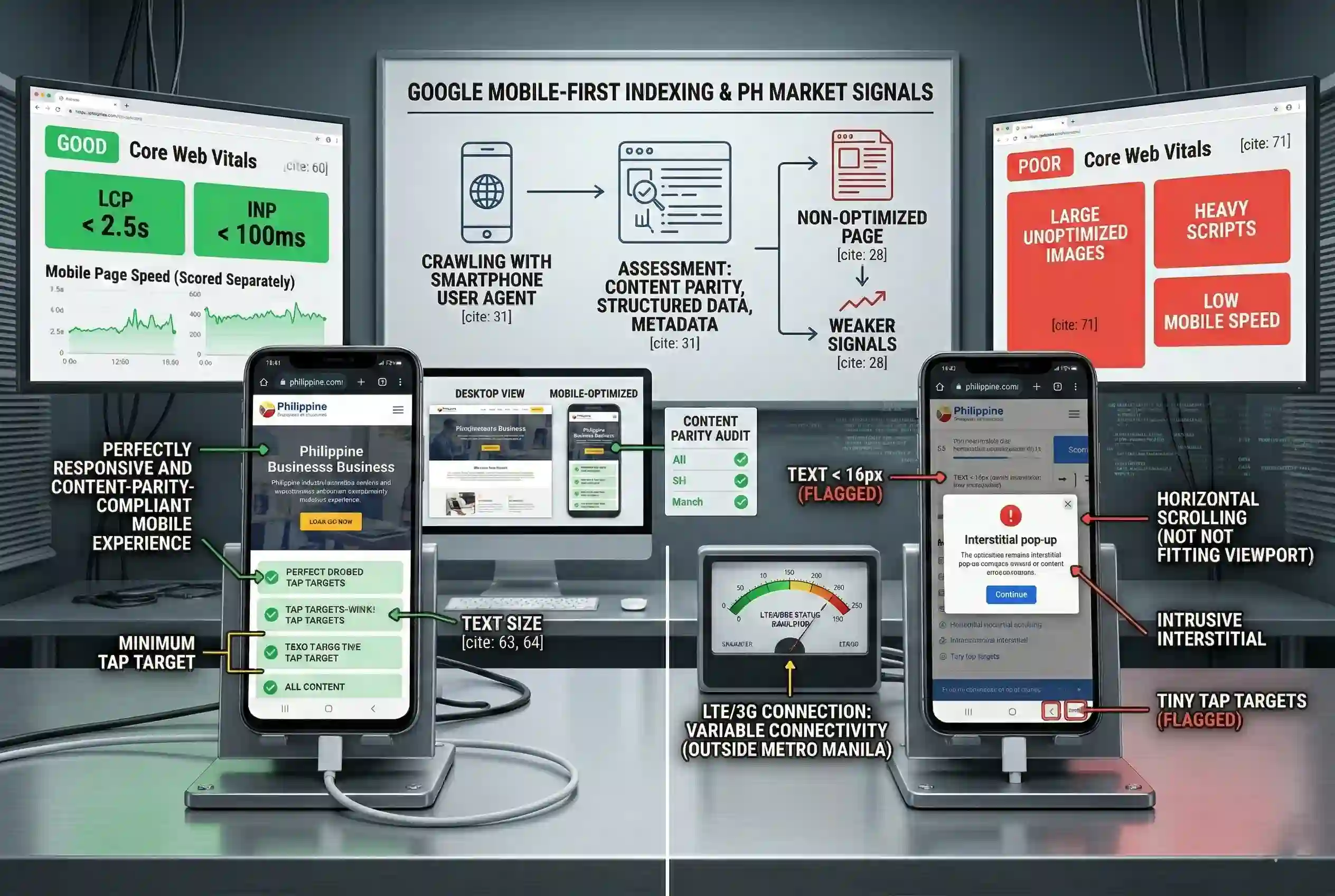 An educational infographic display comparing "Good" and "Poor" Core Web Vitals, featuring smartphones that highlight responsive layouts versus usability errors like tiny tap targets in mobile-first web design Philippines.
