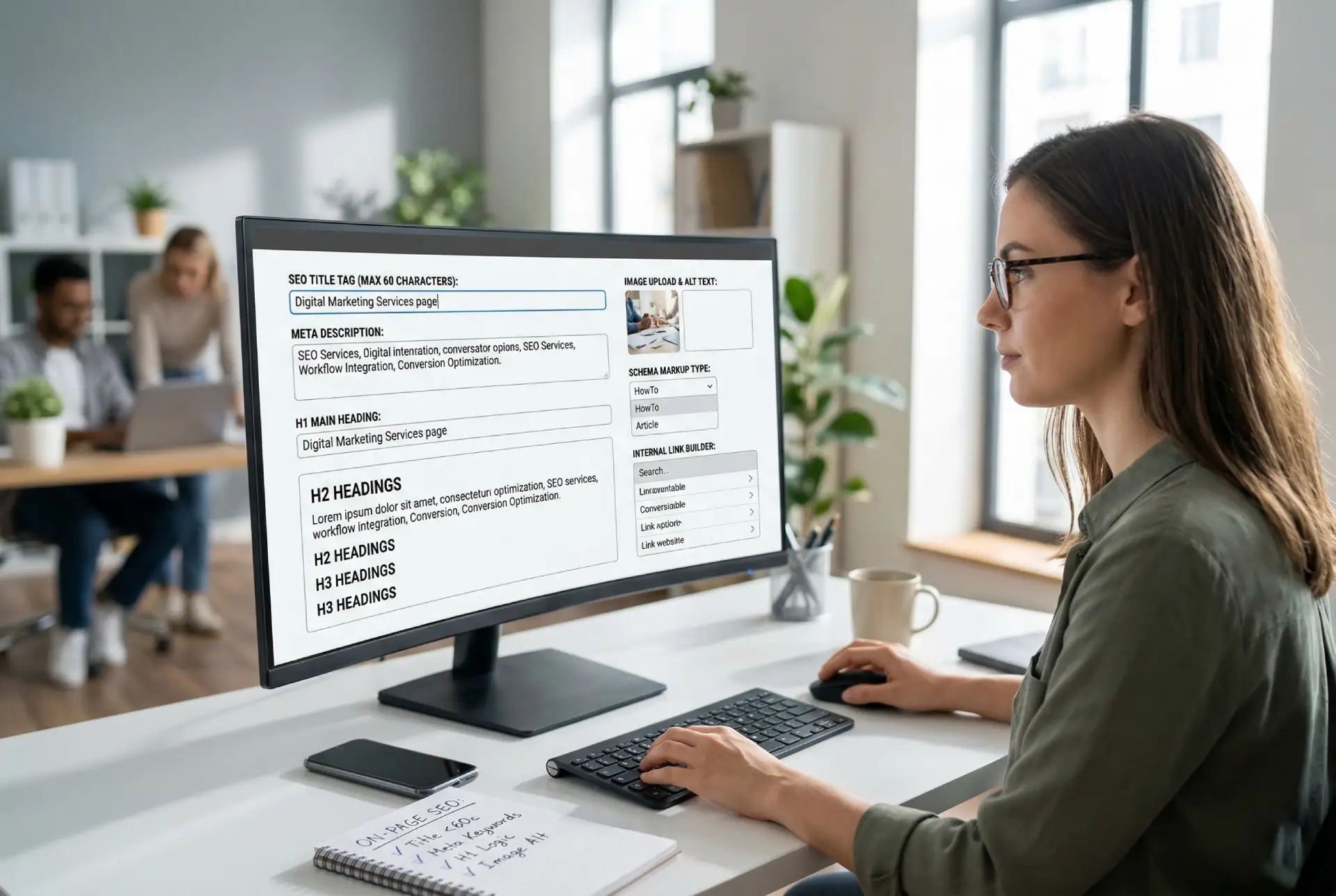 A digital marketer inputting on-page elements into a CMS template during the integration phase of an SEO web design workflow.