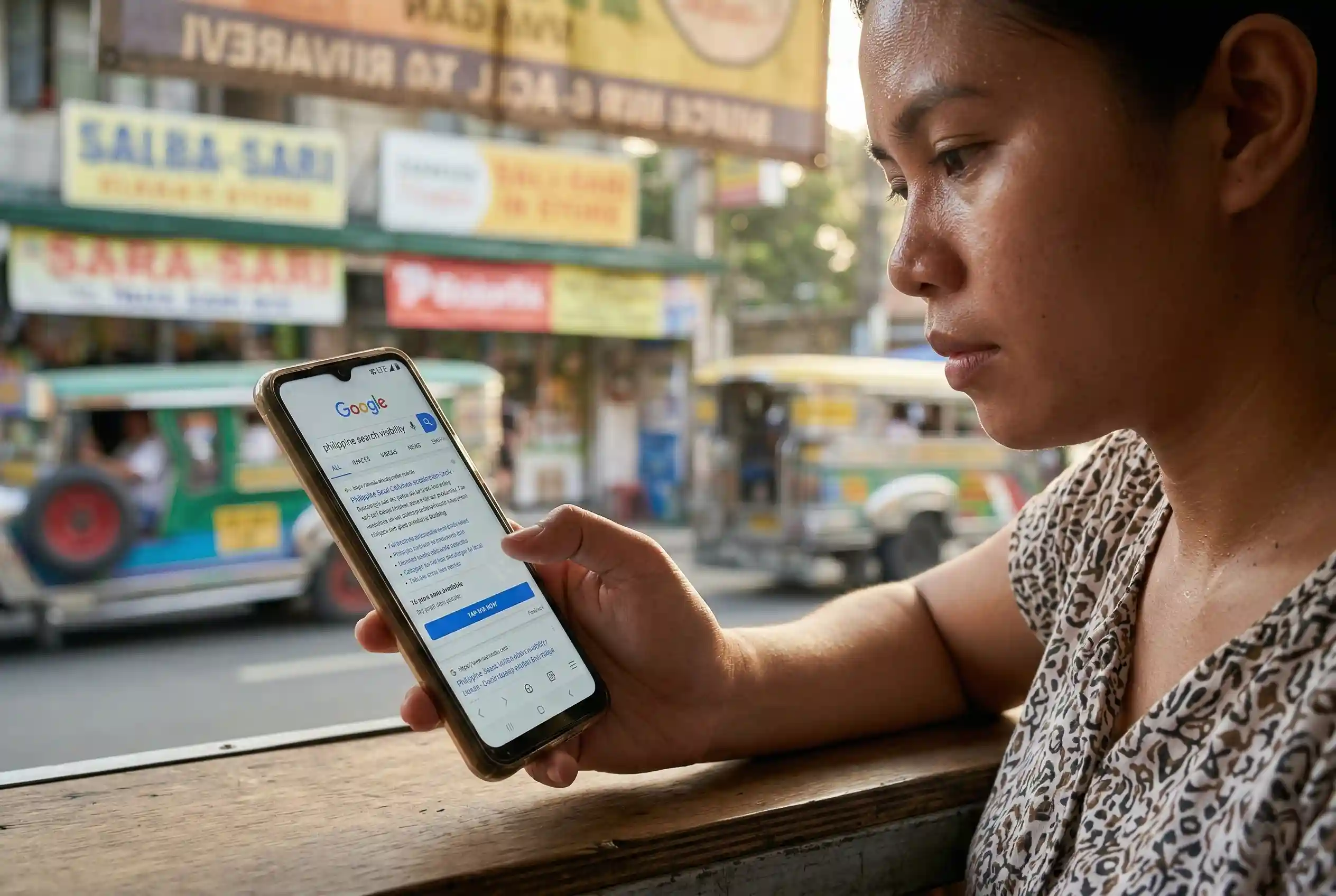 A close-up of a woman in a Philippine street setting using her smartphone to browse Google search results, highlighting the real-world importance of mobile-first web design Philippines for local users.