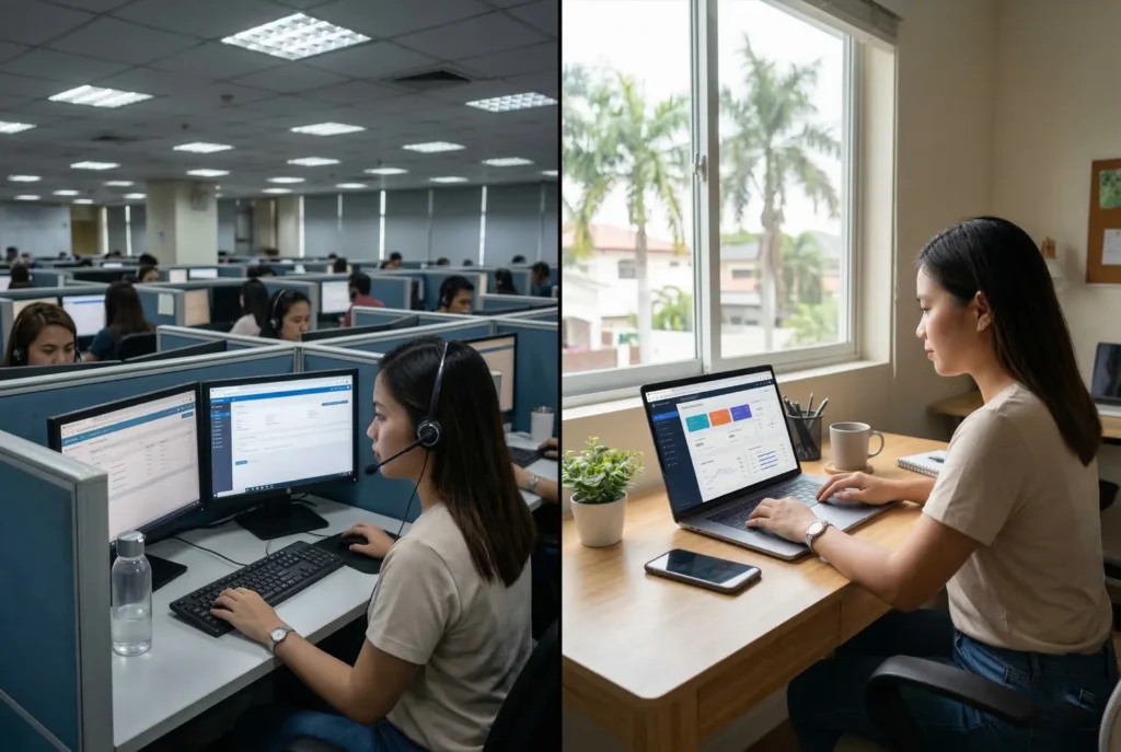 Before and after split screen of a woman transitioning from a BPO cubicle to a remote home office, representing a digital marketing career shift.