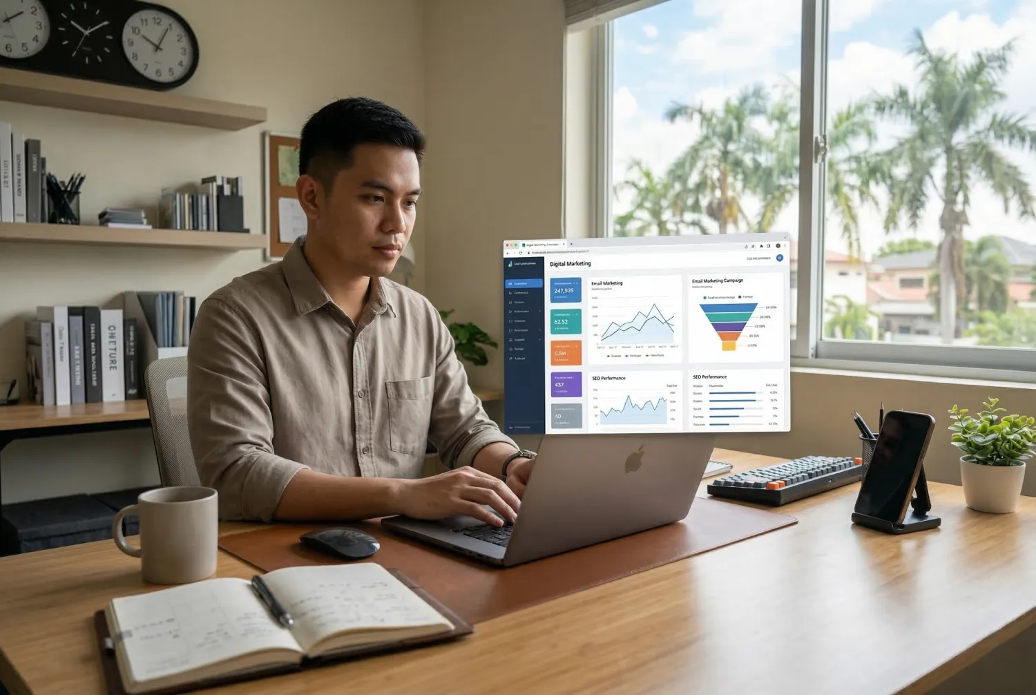 Male freelancer analyzing data on a laptop in his home office, depicting a successful digital marketing career shift.