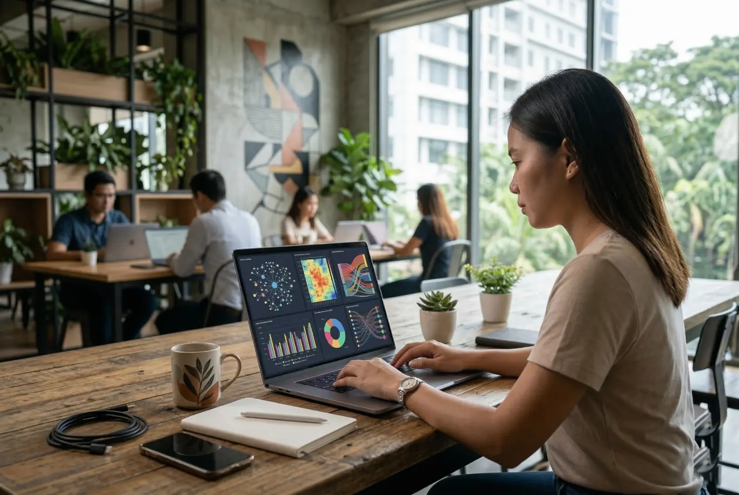 Woman working remotely on a laptop in a bright co-working space, illustrating the location independence of a digital marketing career shift.