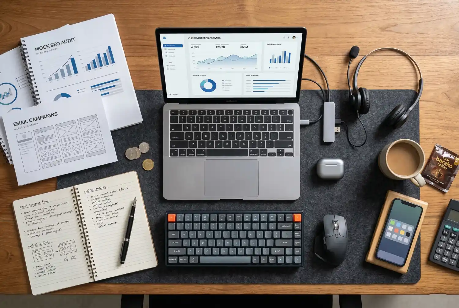 Top-down view of a freelancer's desk with a laptop showing analytics, SEO notes, and a headset, prepared for a digital marketing career shift.