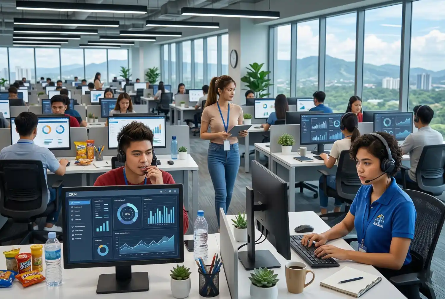 A bustling BPO office with young professionals working at computer stations, illustrating the starting environment before a digital marketing career shift.