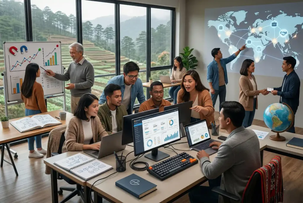 Filipino professionals collaborating in a modern office with a scenic mountain view, representing a high-energy digital marketing community philippines.