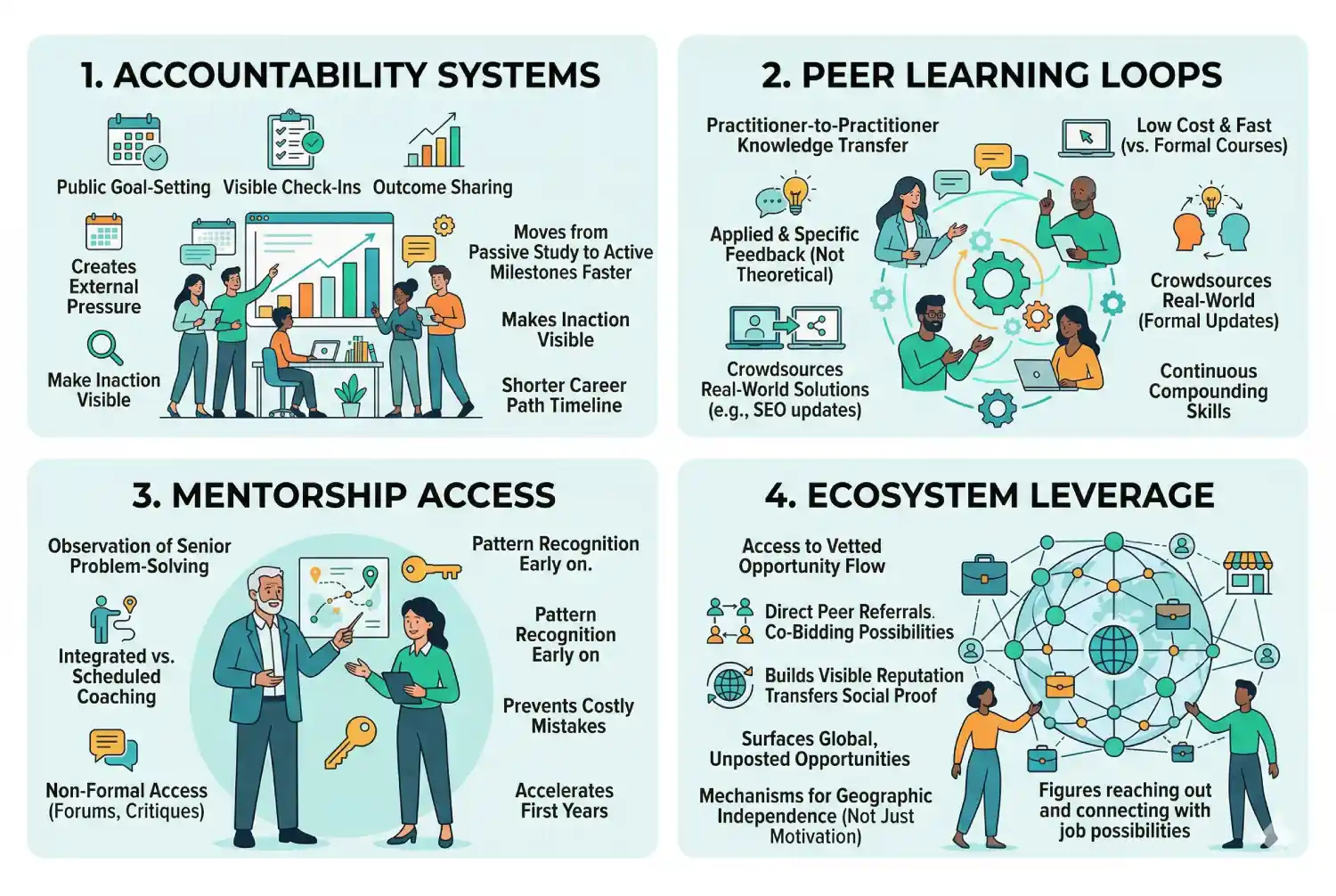 An infographic outlining the four key functions that drive career growth within a digital marketing community philippines, including accountability and mentorship.