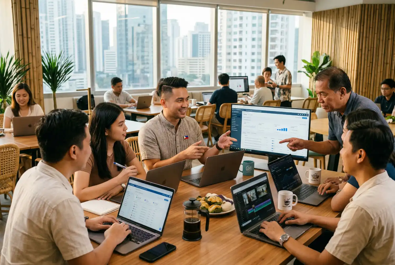 A group of Filipino practitioners in an urban co-working space engaged in peer learning, a staple of the digital marketing community philippines.
