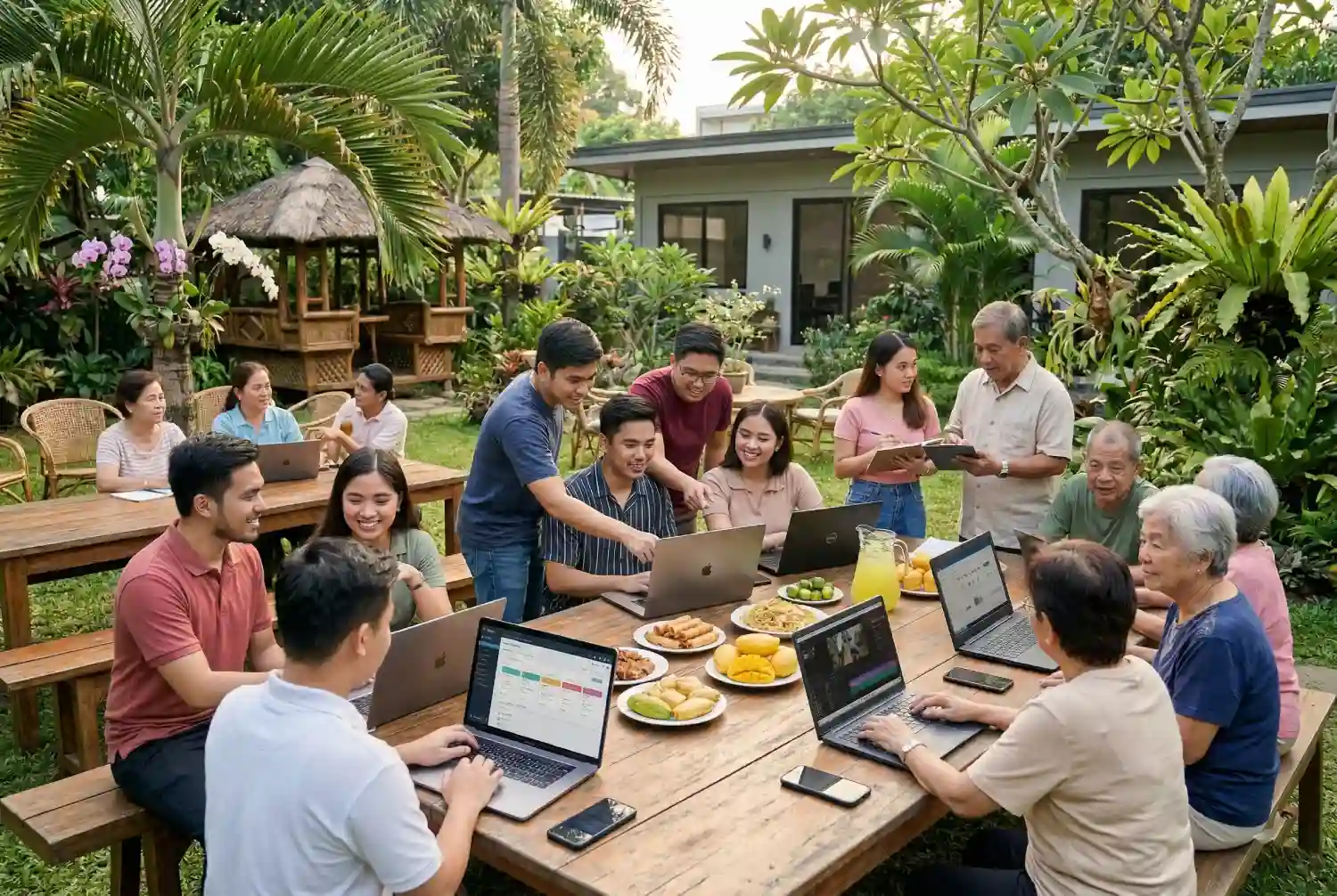 A diverse group of Filipinos working on laptops in a lush garden setting, illustrating the outdoor lifestyle enabled by a digital marketing community philippines.