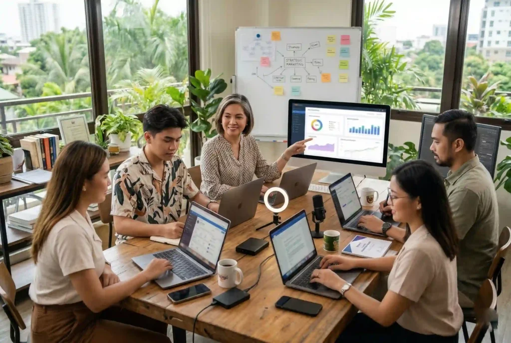 A collaborative group of Filipino digital marketers in a bright, modern office with large windows. A senior female mentor points toward a monitor displaying data analytics while younger professionals work on laptops around a wooden table, brainstorming a "Strategic Marketing" plan on a whiteboard in the background.