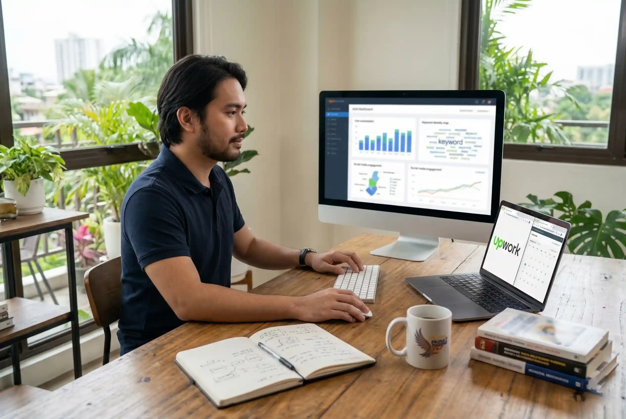 A male Filipino digital marketer working intently at a wooden desk in a home office filled with tropical plants. He is using a dual-screen setup with a laptop showing the Upwork platform and a large monitor displaying marketing performance charts and keyword data.