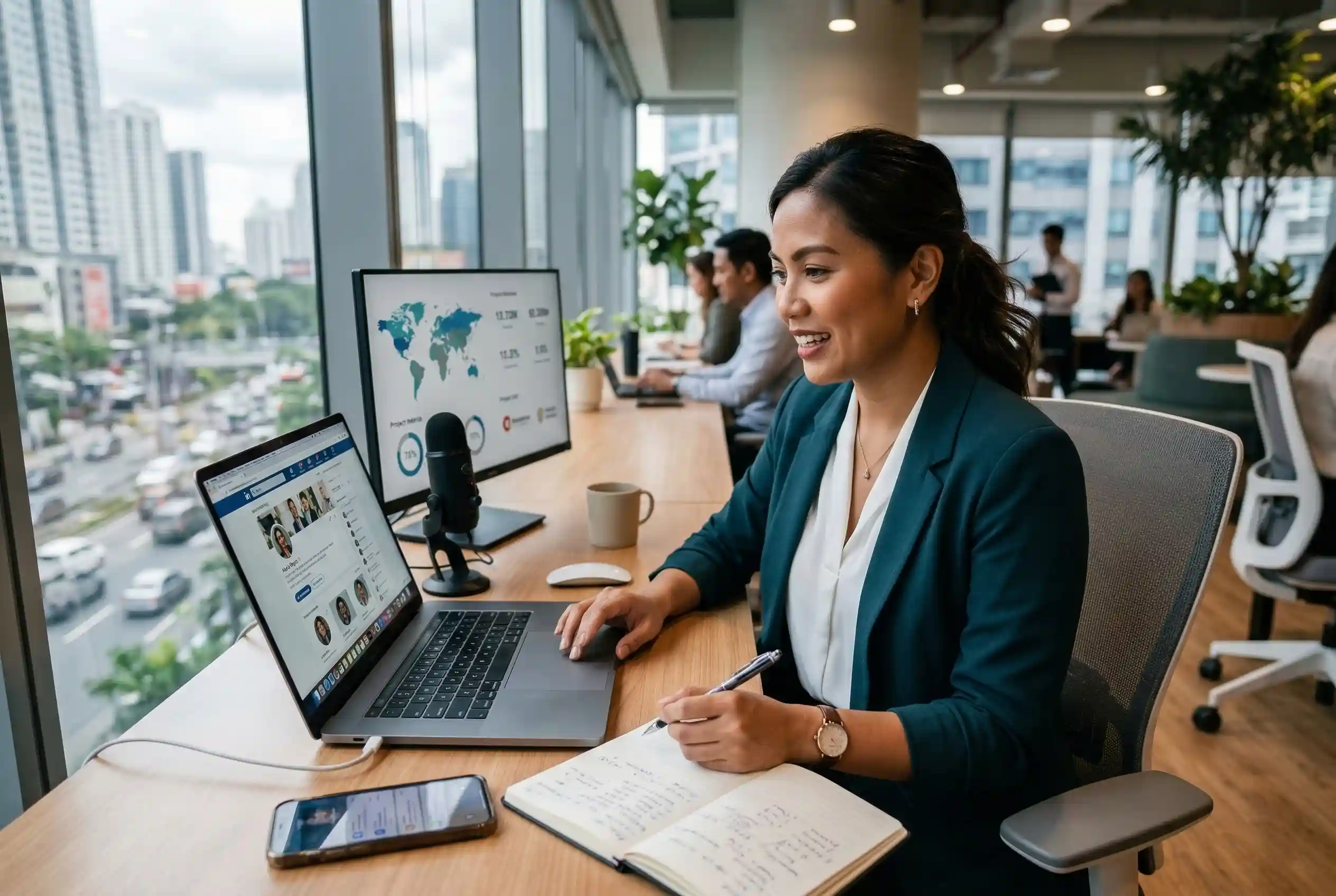 A professional female Filipino digital marketer smiling while working on a laptop in a high-rise corporate office. She is looking at a LinkedIn profile on her screen, with a secondary monitor showing global data maps, symbolizing the process of attracting international clients.
