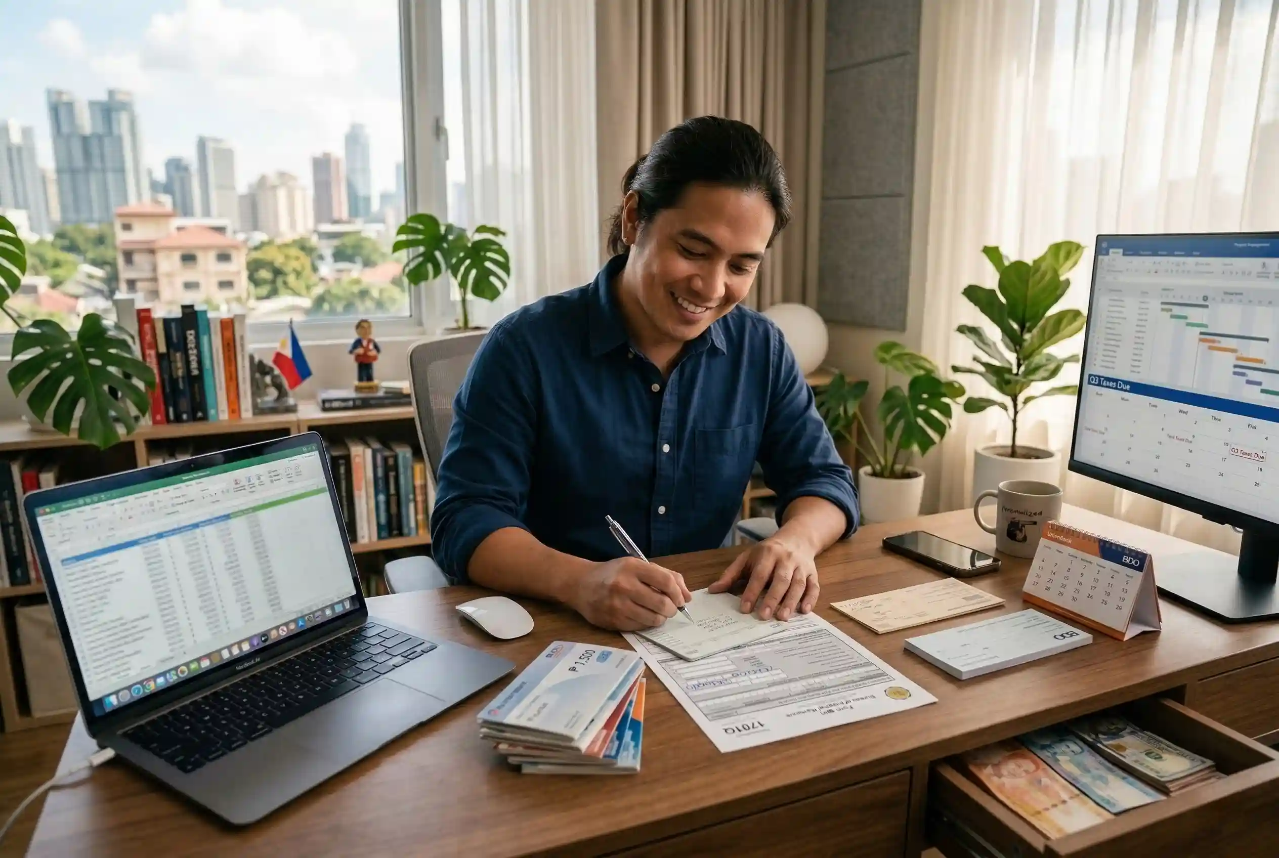 A male Filipino digital marketer focusing on his financial and operational setup at a home desk. He is filling out official BIR tax forms and organizing bank checks next to a laptop displaying a complex spreadsheet, with a view of the Manila skyline through the window.