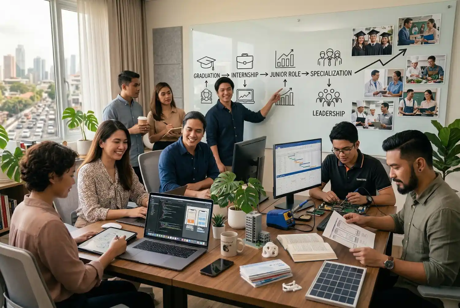 A diverse team of Filipino digital marketers gathered around a large wooden table in a creative workspace. One team member points to a whiteboard illustrating an "Education-to-career pathway" from graduation to leadership, while others work on coding, design, and hardware engineering.