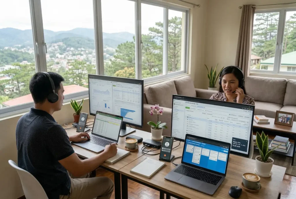A Filipino couple working side-by-side in their living room, both using their digital marketing skills to manage international accounts and digital workflows.