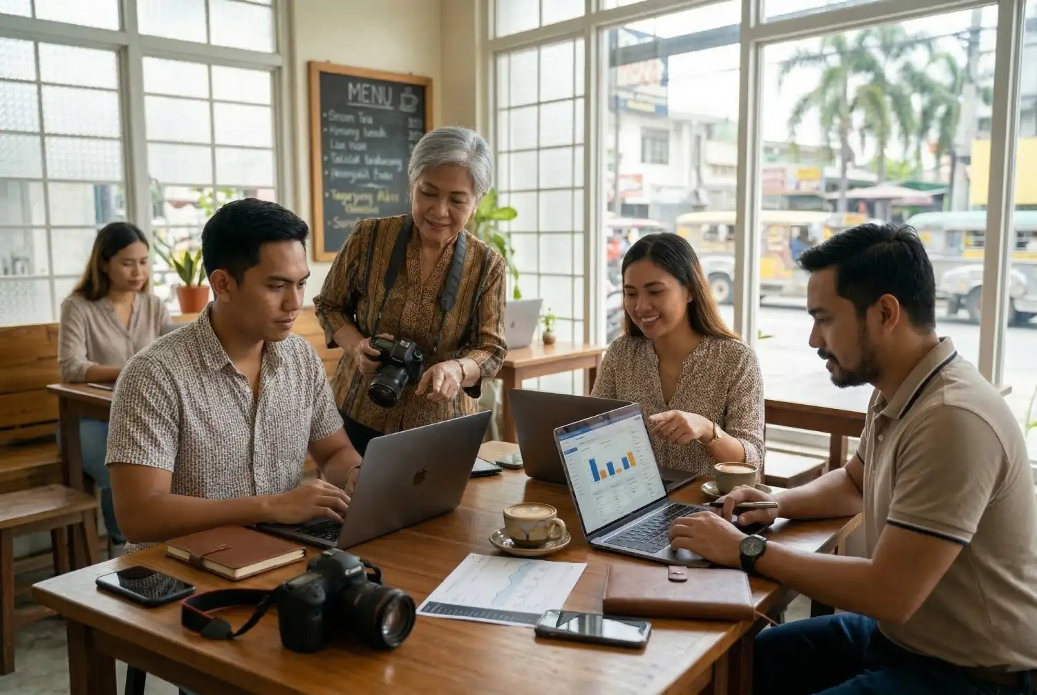 An older Filipino woman with a camera mentoring a team of young professionals on how to apply digital marketing skills to visual content and strategy.